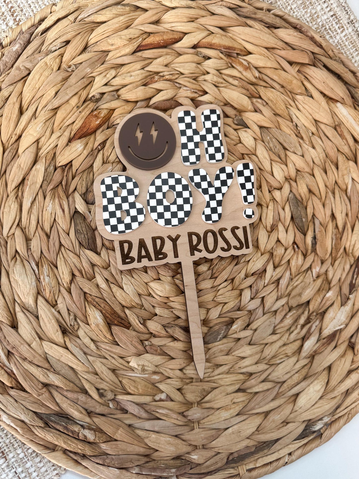 Oh Boy checkered baby shower cake topper in acrylic, personalized with baby name
