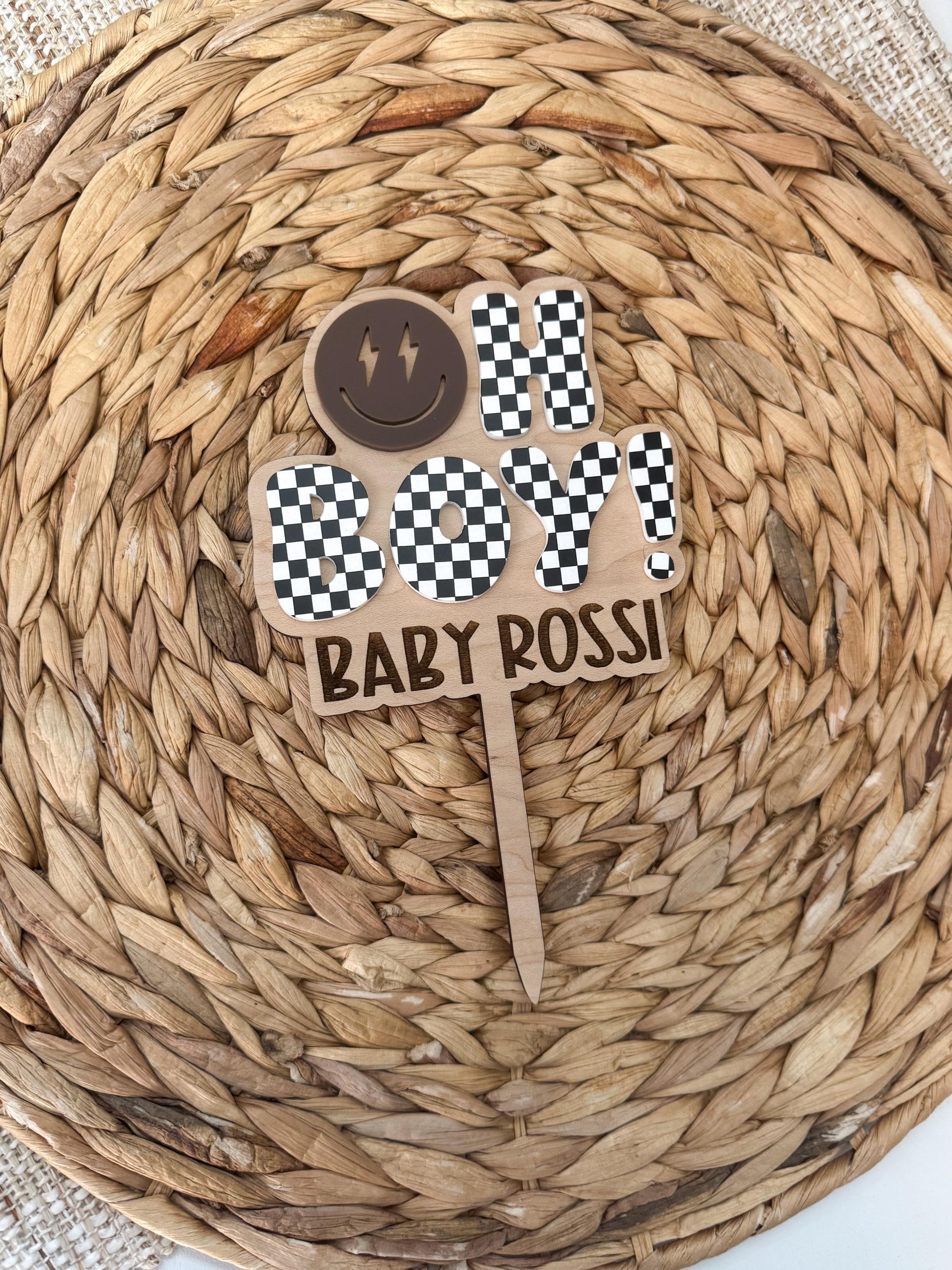 Oh Boy checkered baby shower cake topper in acrylic, personalized with baby name
