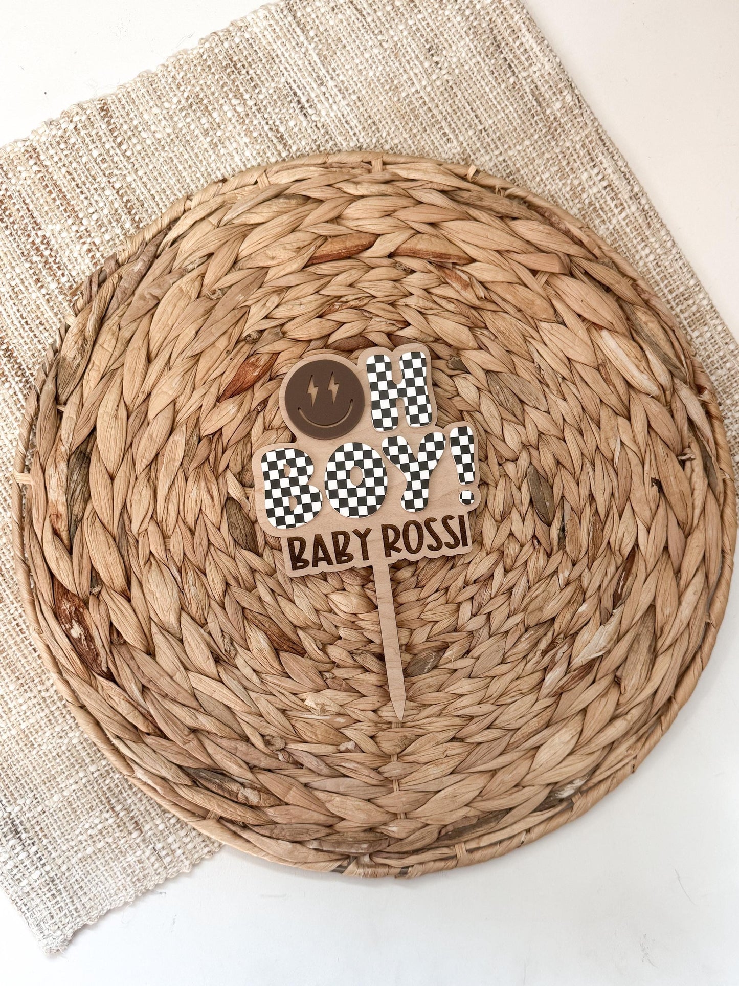 Baby Shower Cake Topper | Checkered Baby Name Topper | baby shower theme | gender reveal party decor | Checker Decor | Oh Boy Cake Topper