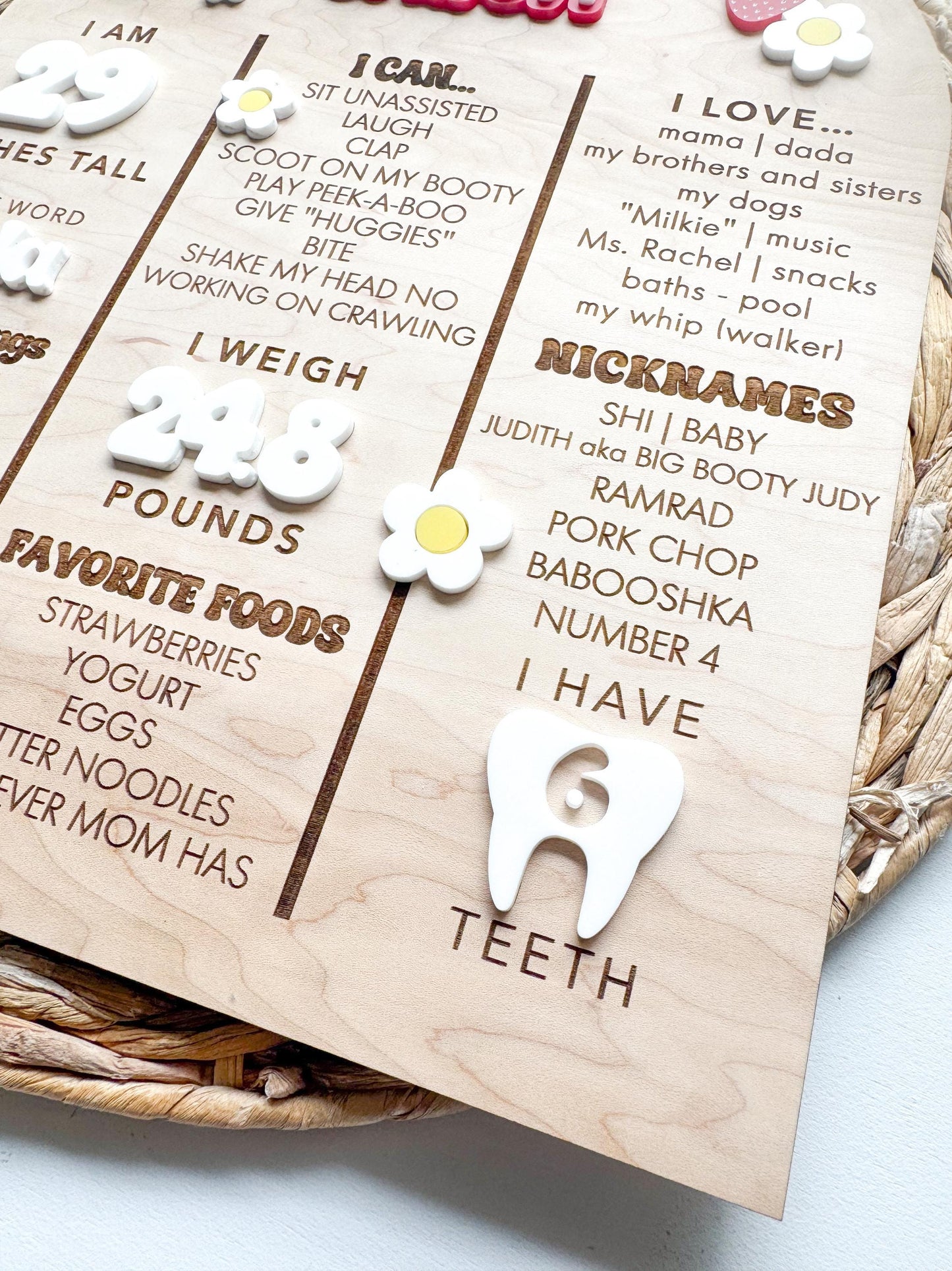 Strawberry 1st birthday milestone party decor sign with custom baby stats on wood