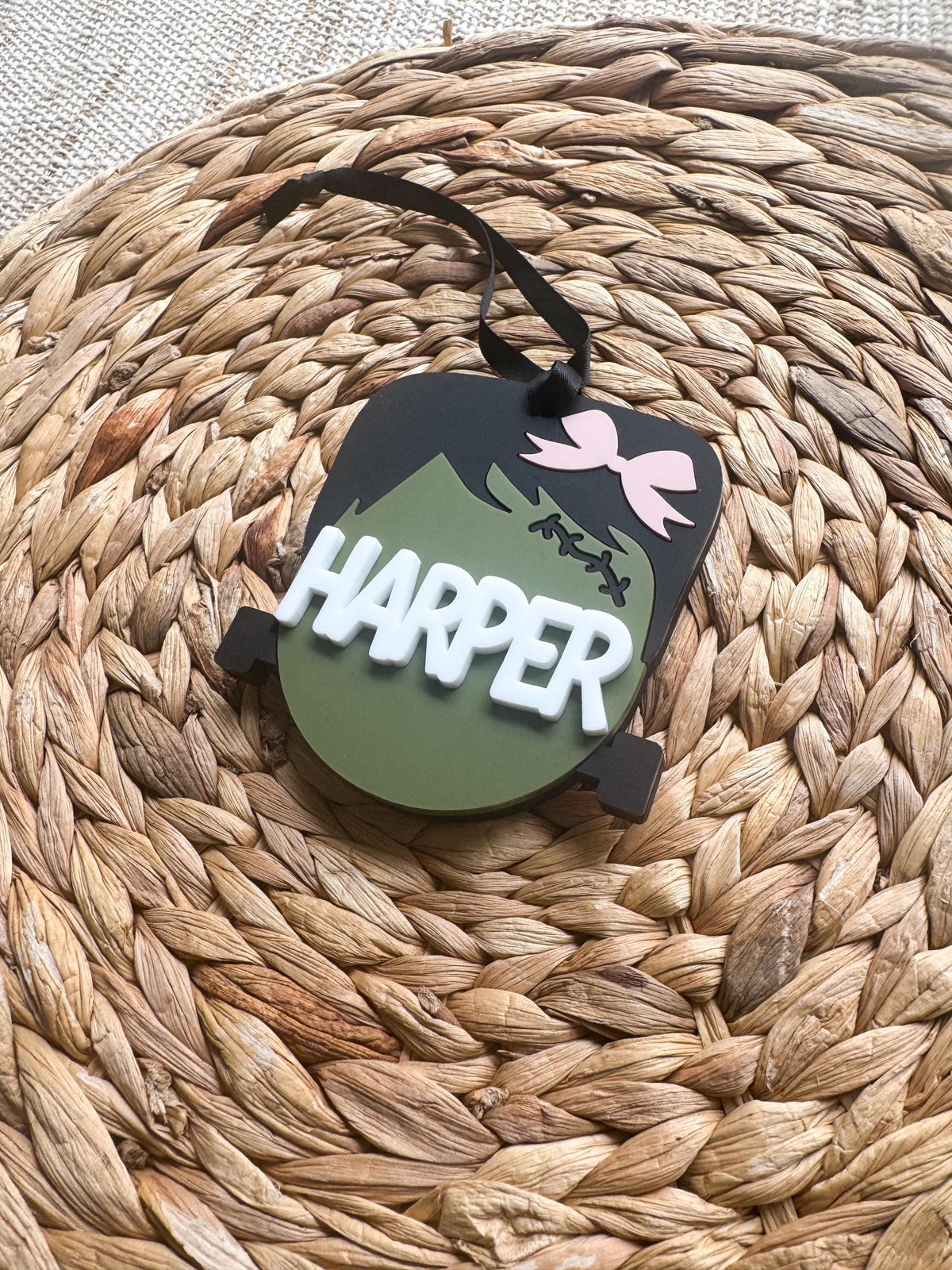 Personalized Frankenstein Boo Basket Tag | Maple Wood and Acrylic Halloween Name Tag