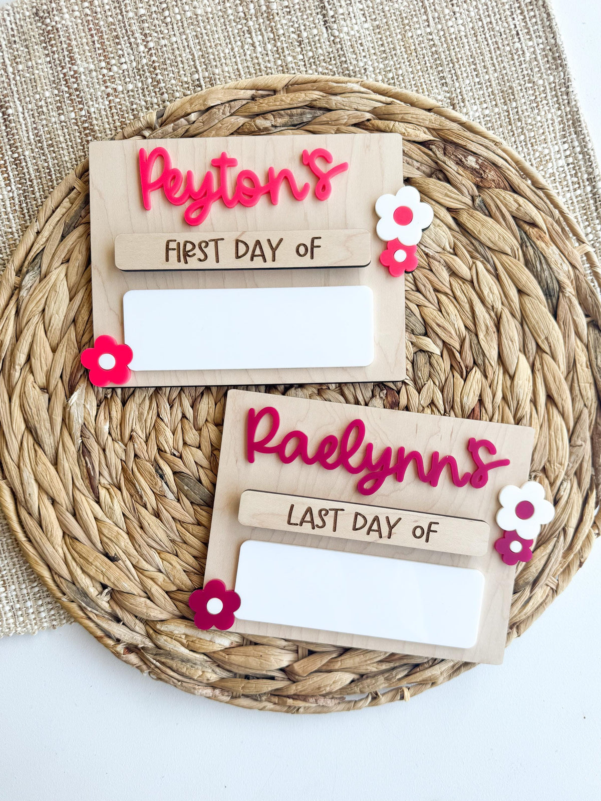 Handmade maple wood school boards with interchangeable magnetic name and day tags.