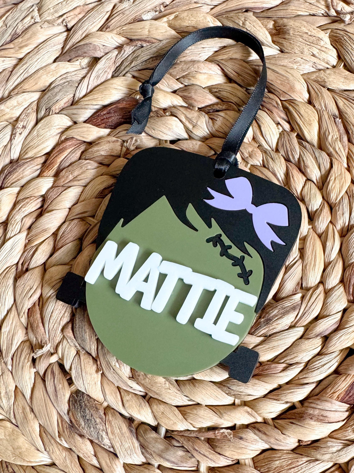 Personalized Frankenstein Boo Basket Tag | Maple Wood and Acrylic Halloween Name Tag