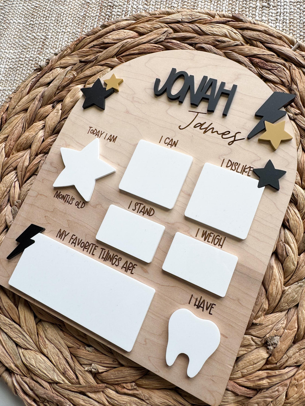 Wood and acrylic newborn photo prop with a custom name and colors