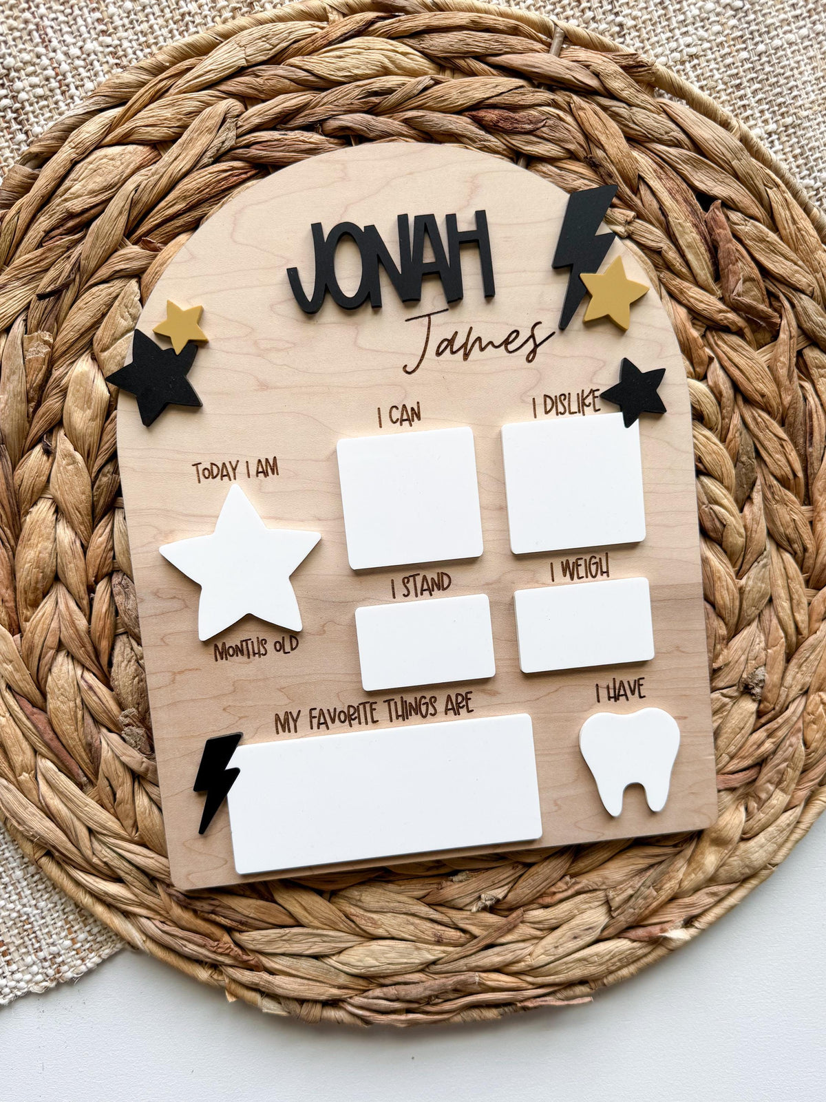 Baby stats board with My Favorite Things, I Weigh and teeth count sections