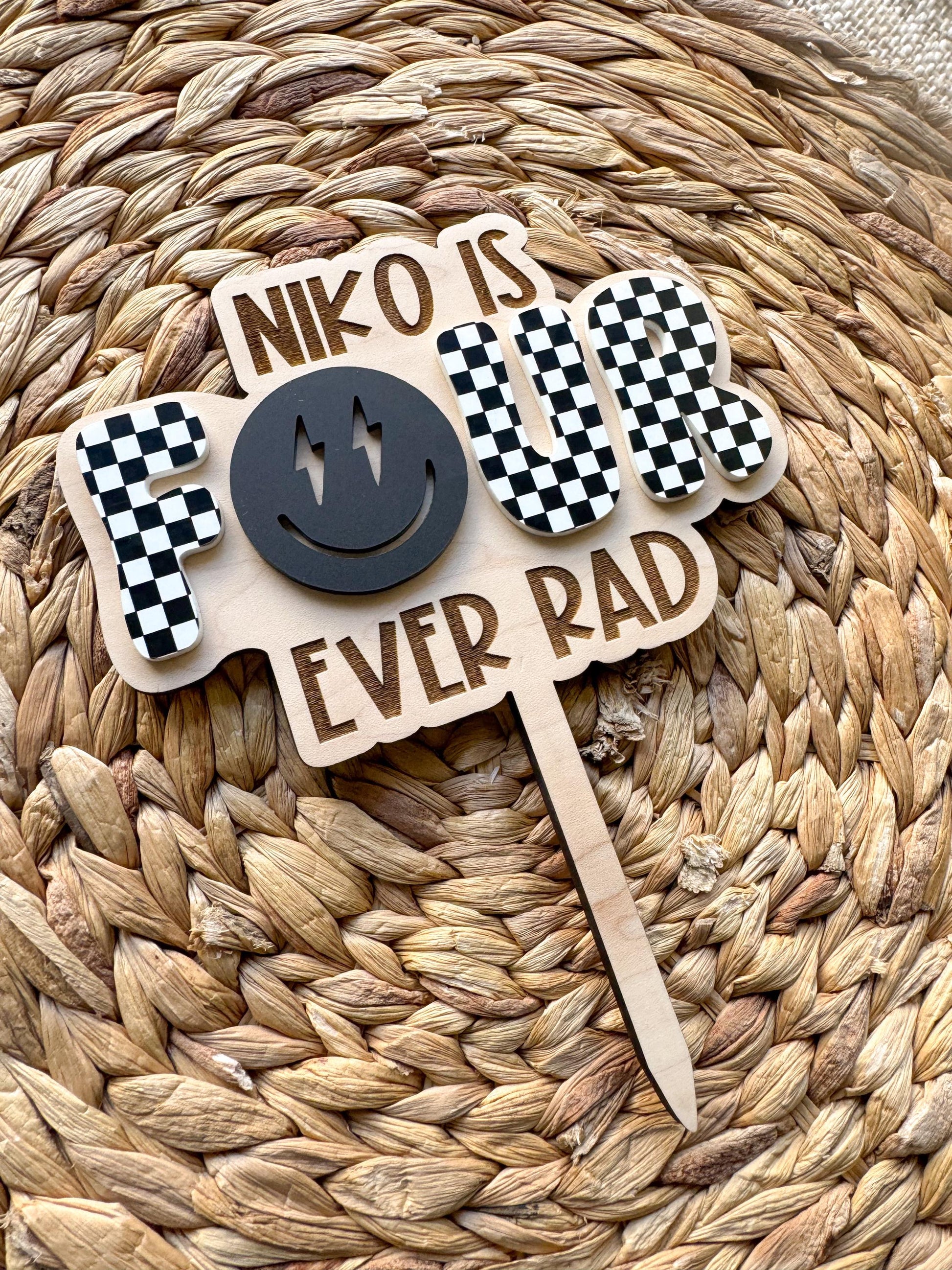 Four Ever Rad Dude Cake Topper | Birthday Party Decor | 4th birthday Party | boys birthday theme | Cake Topper Birthday | Checker Decor