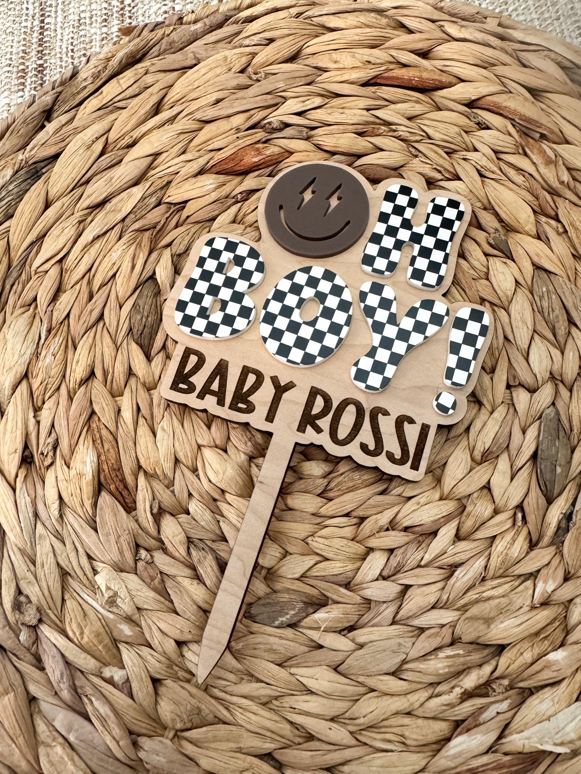 Baby Shower Cake Topper | Checkered Baby Name Topper | baby shower theme | gender reveal party decor | Checker Decor | Oh Boy Cake Topper