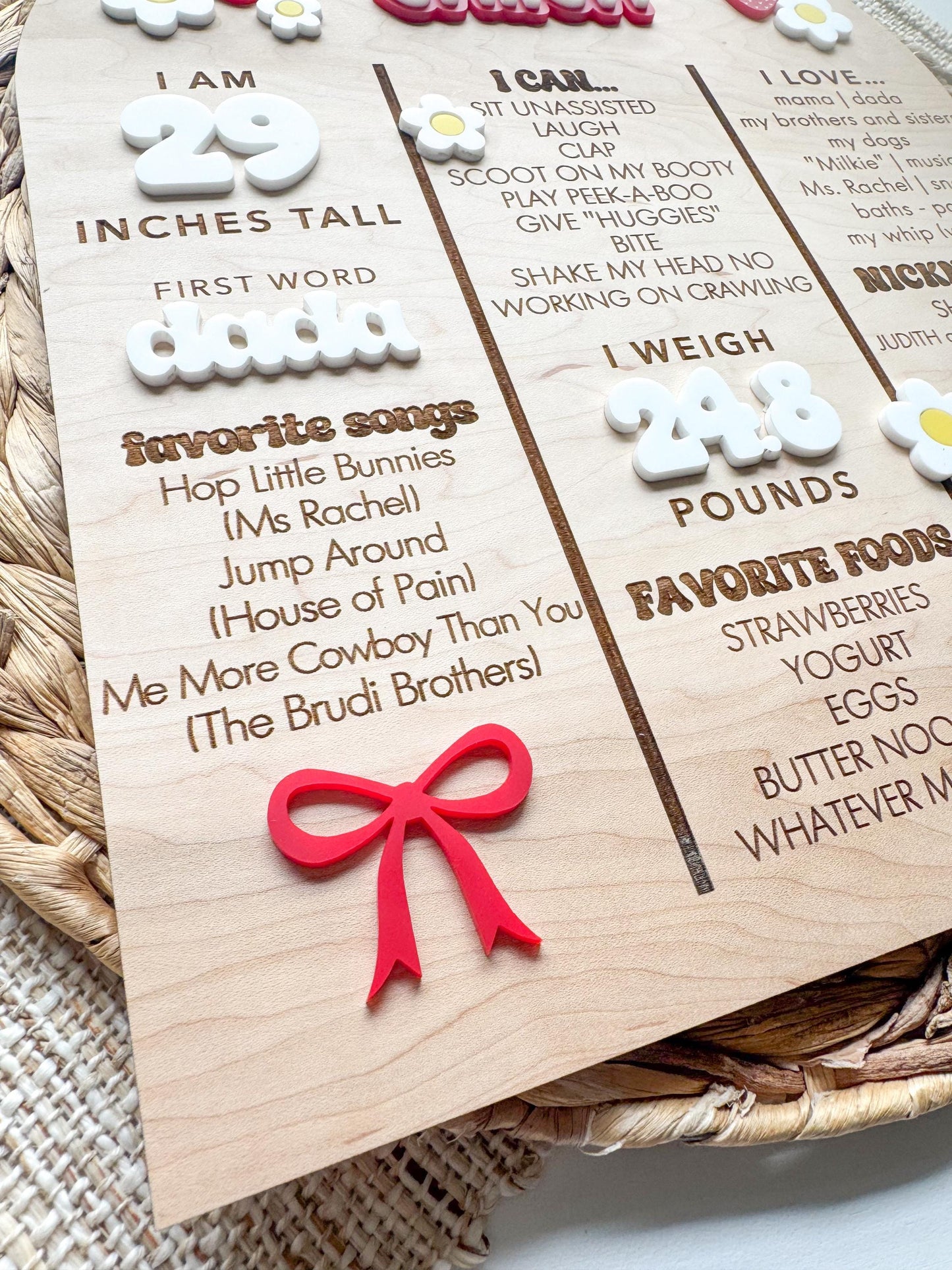 Berry theme first birthday stat board showing personalized name and first year milestones