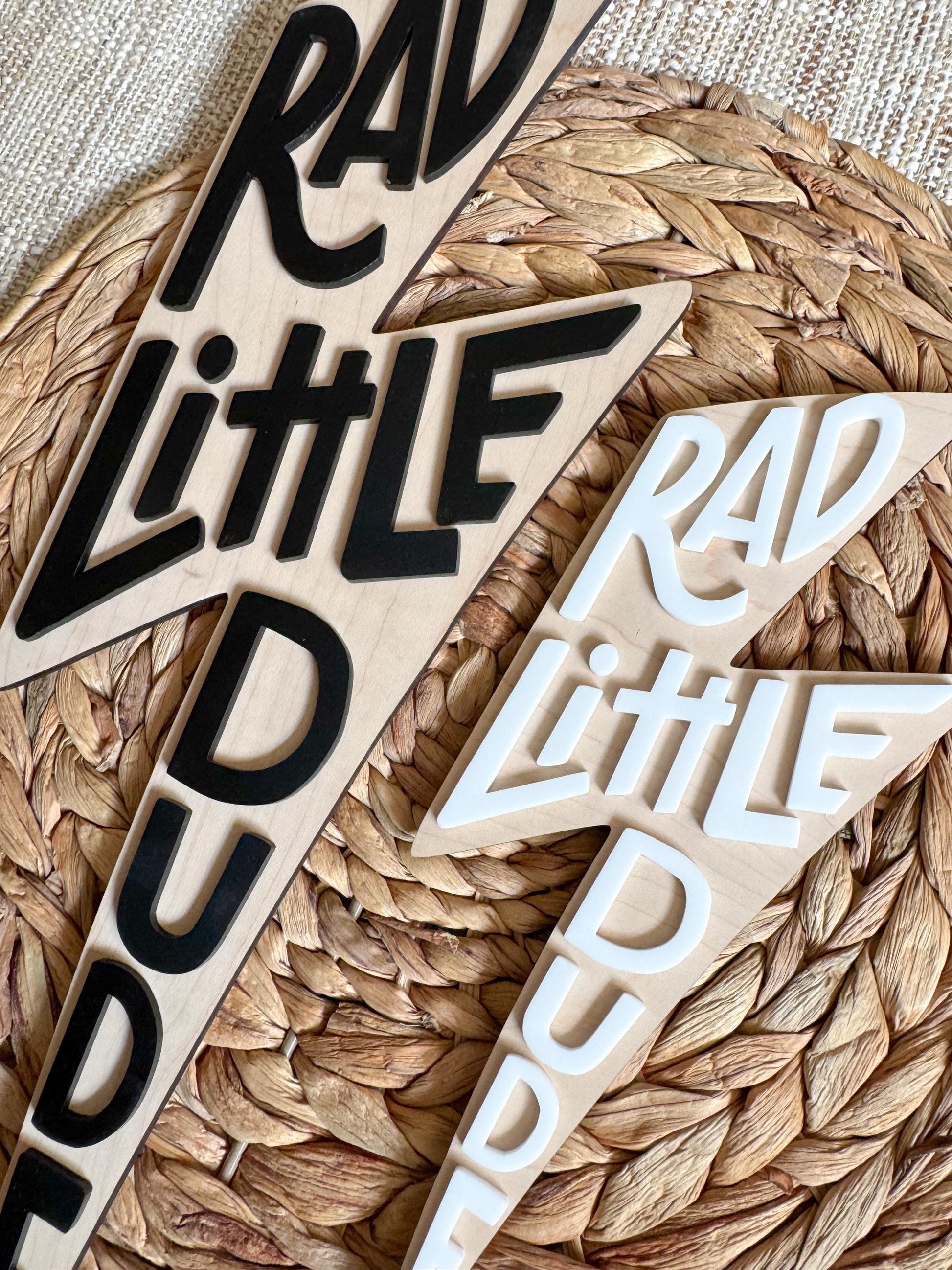 Rad Little Dude boys room wooden wall sign showing engraving detail and natural wood