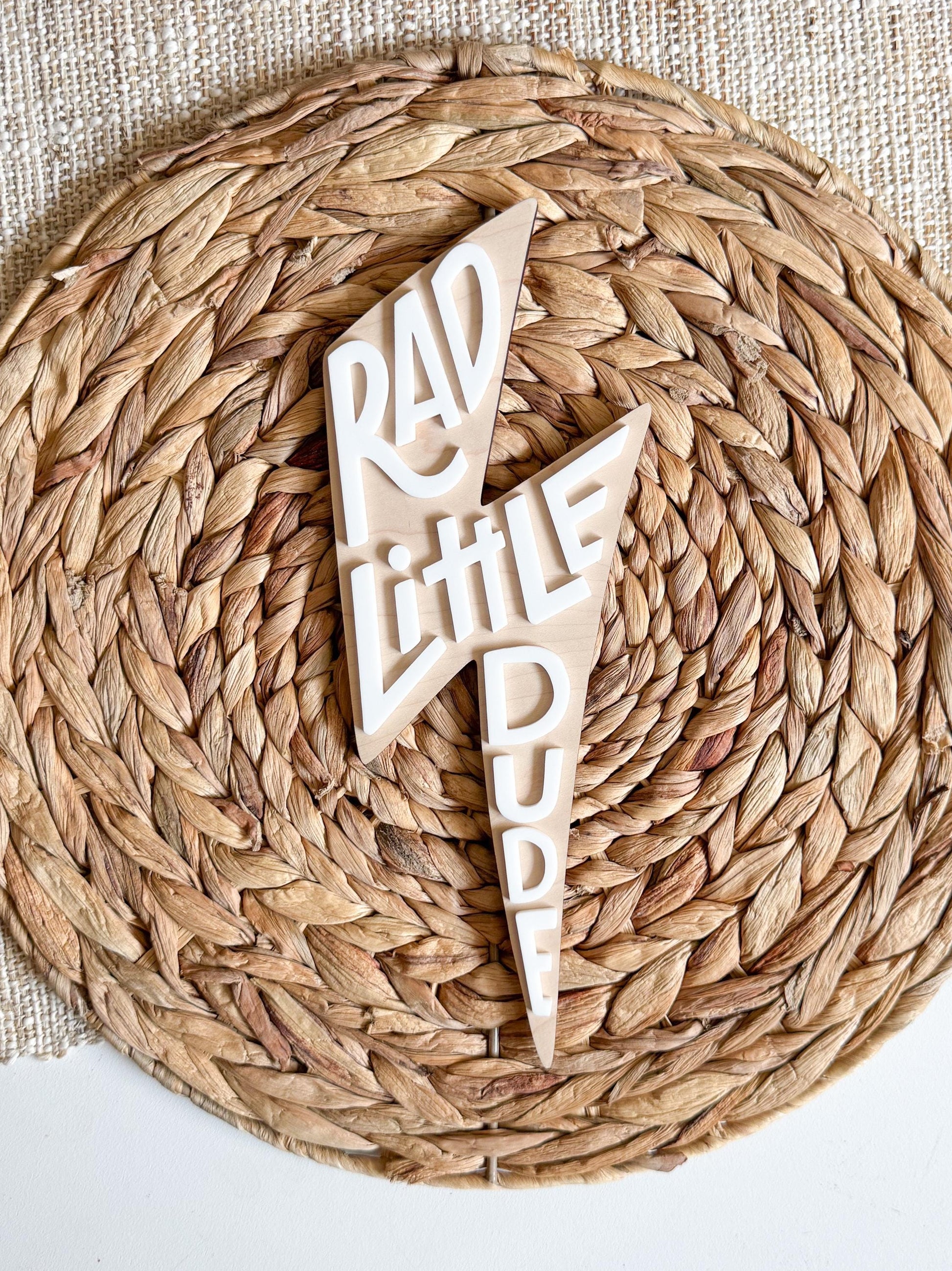 Rad Little Dude wall sign styled in boys room with wood and boho decor