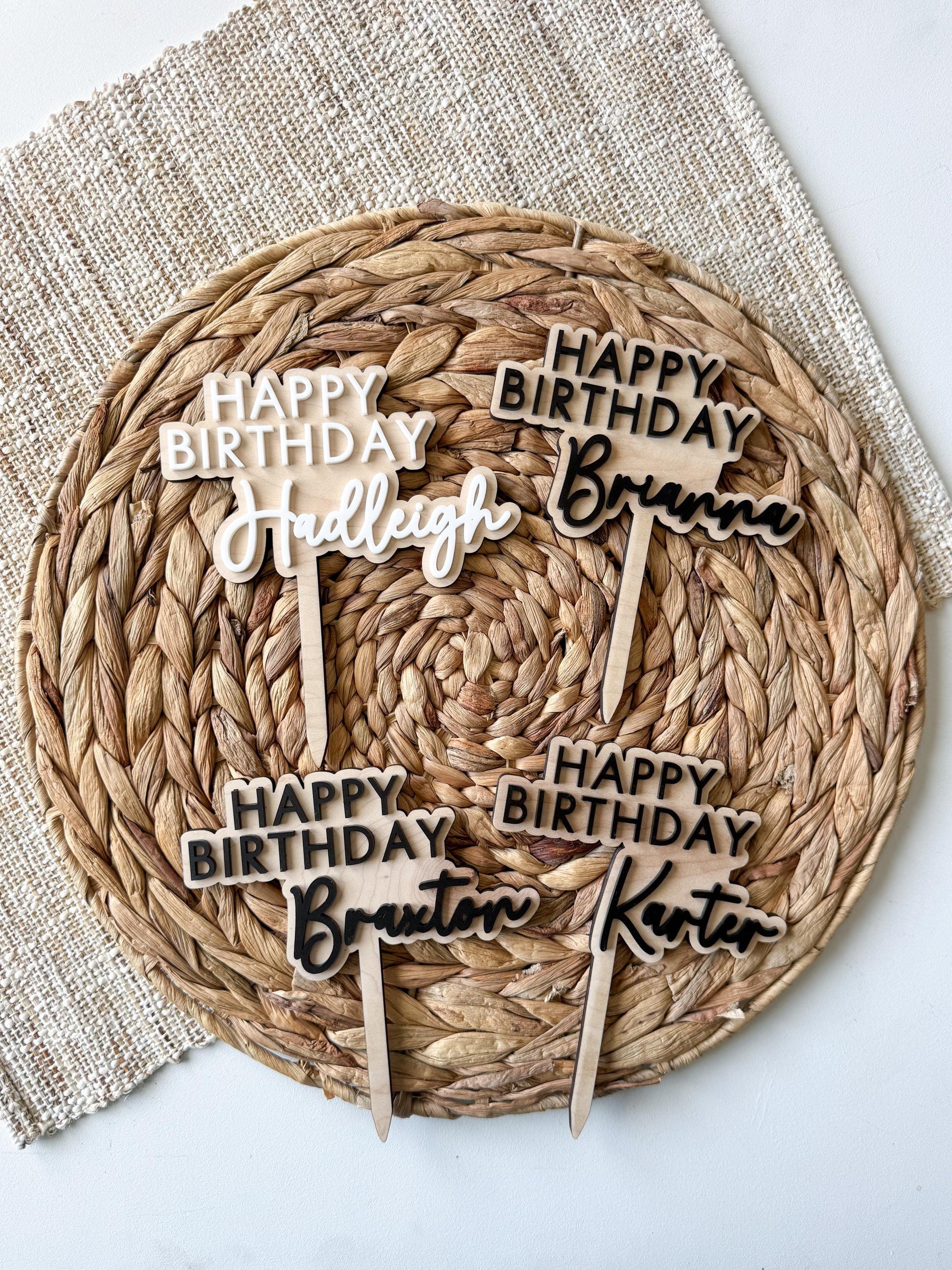 Custom Happy Birthday cake topper displayed on birthday cake, multiple color options