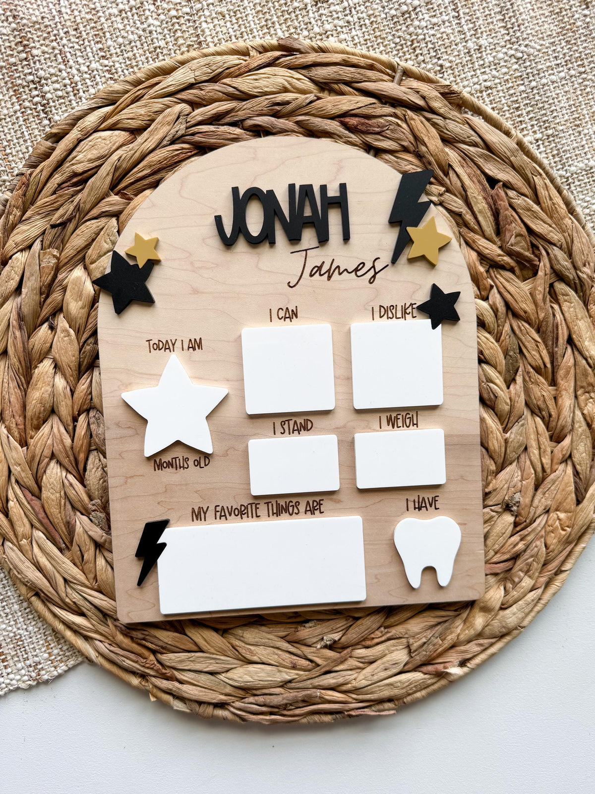 Custom baby milestone board in maple wood and acrylic with baby's name