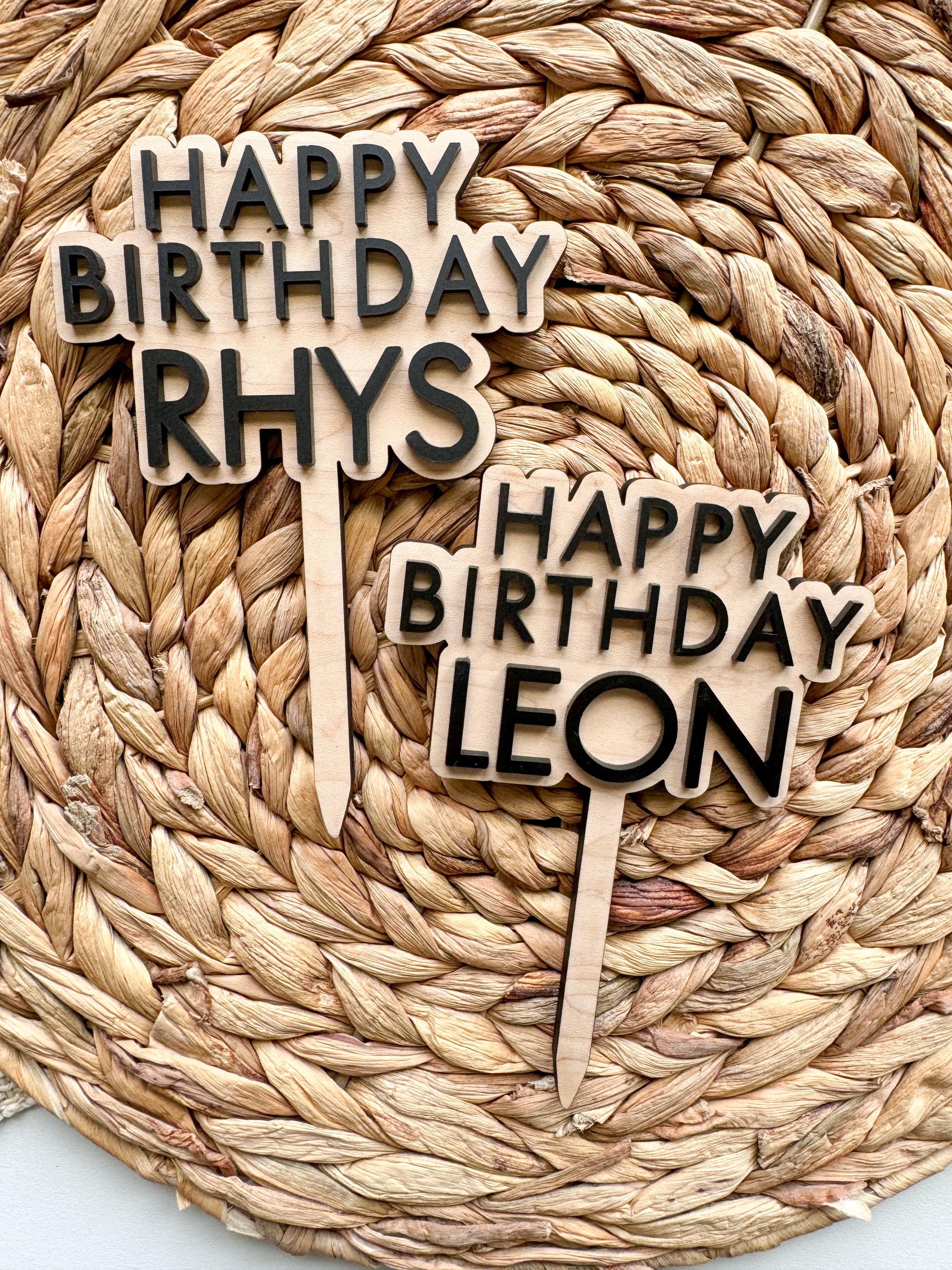 Personalized Happy Birthday layered cake topper in wood and acrylic with custom name