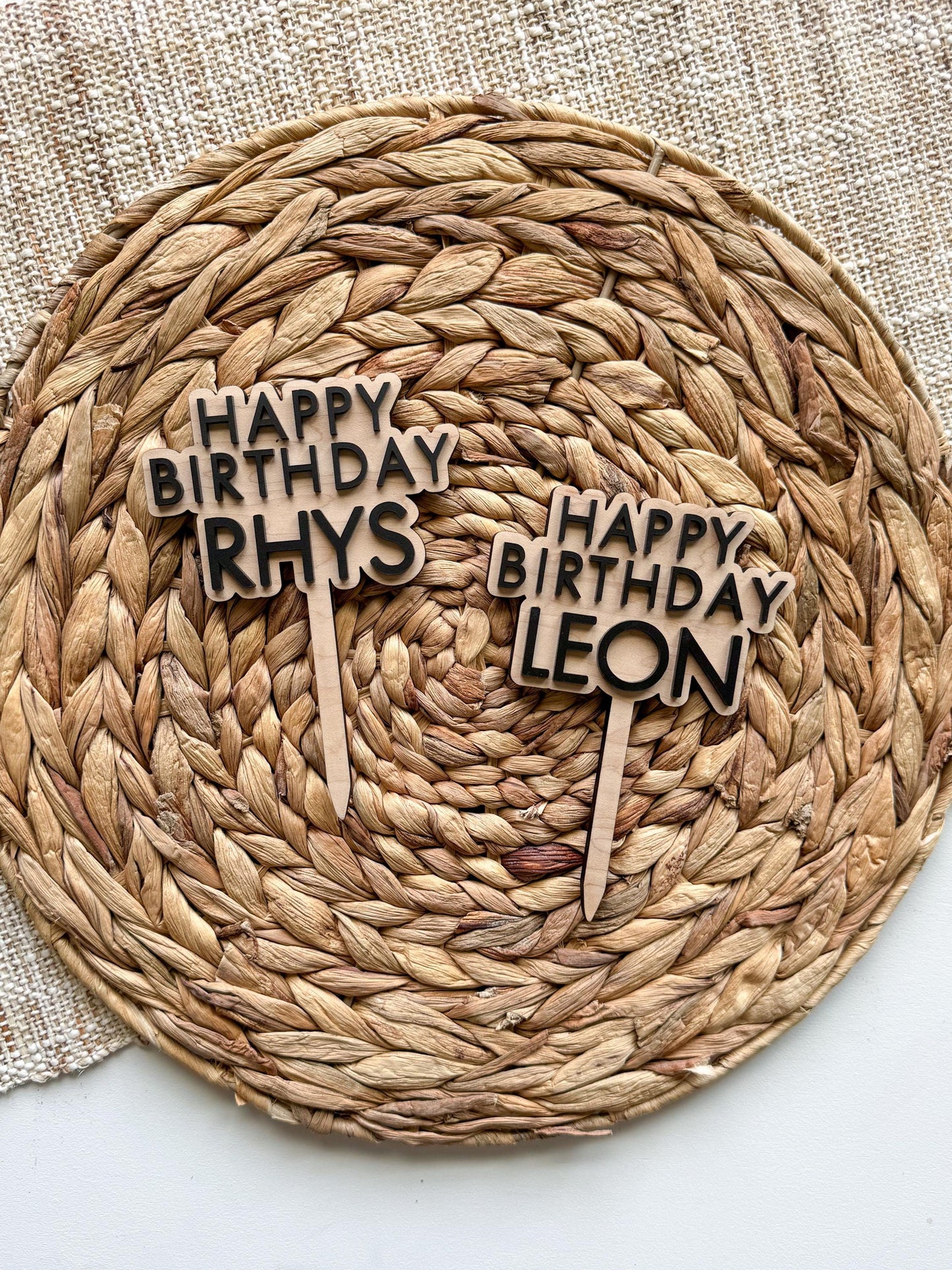 Personalized Happy Birthday keepsake topper showing layered wood and acrylic construction