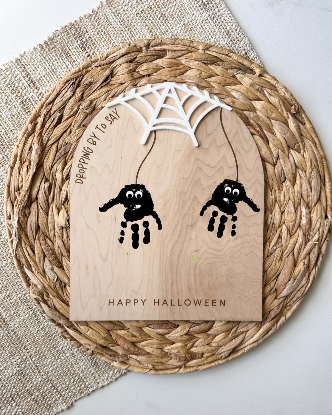 Personalized maple wood Halloween handprint spider keepsake sign with child's name and handprints
