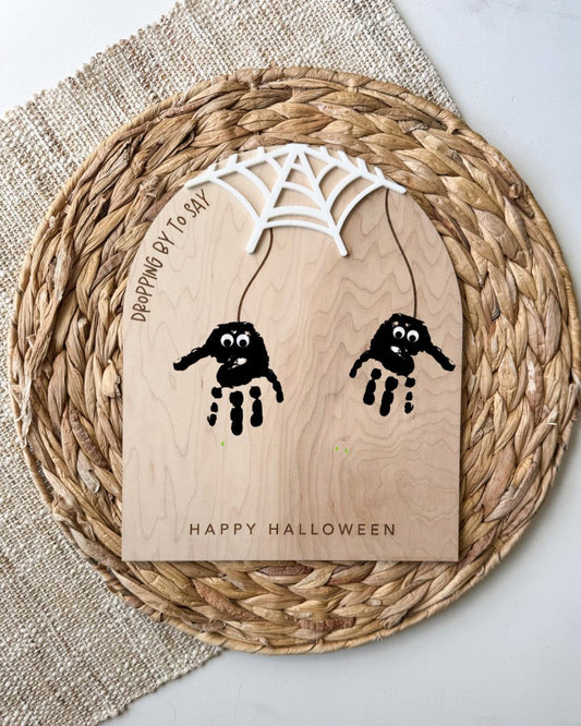 Personalized maple wood Halloween handprint spider keepsake sign with child's name and handprints