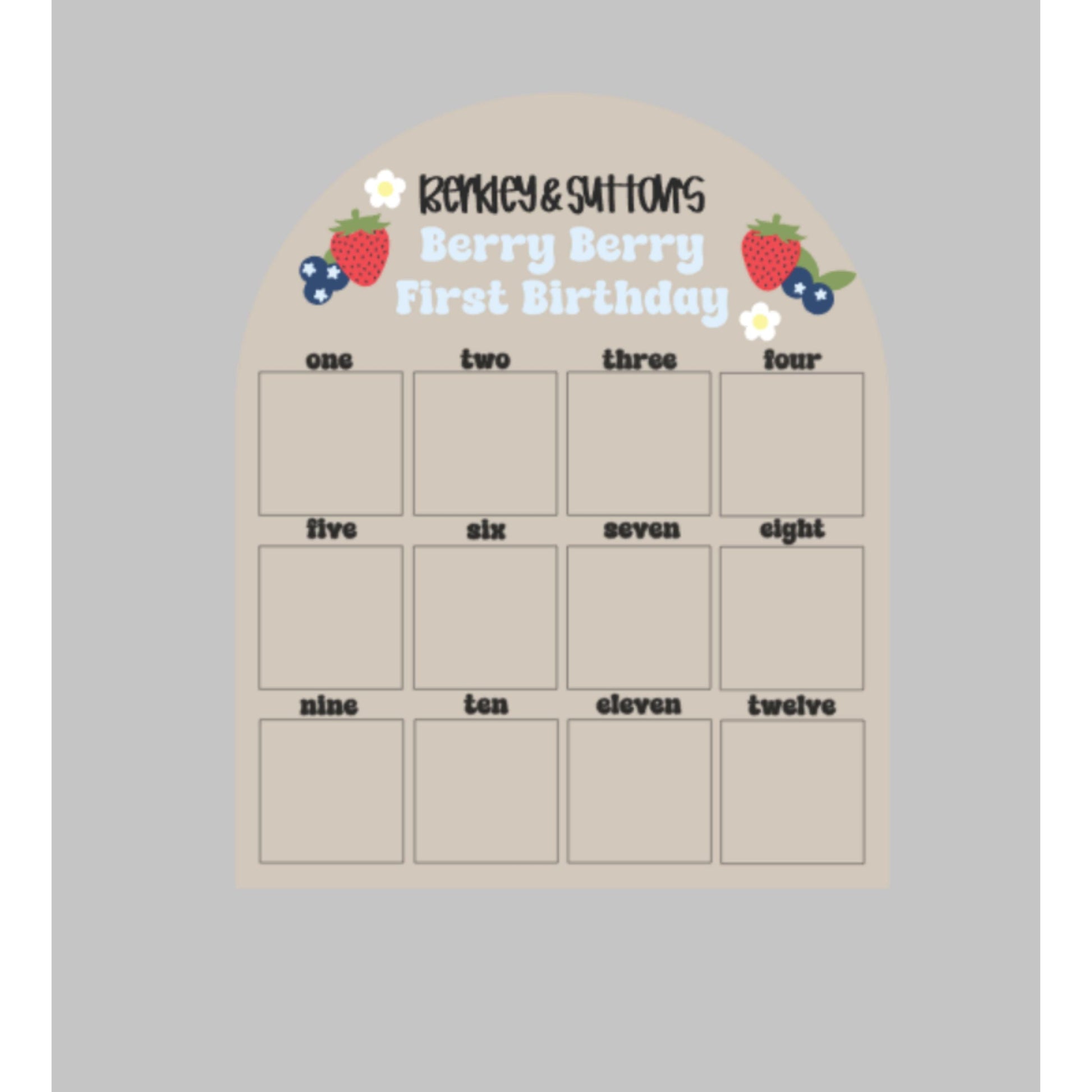 Berry first birthday photo board for 12-month monthly milestone display, maple wood keepsake