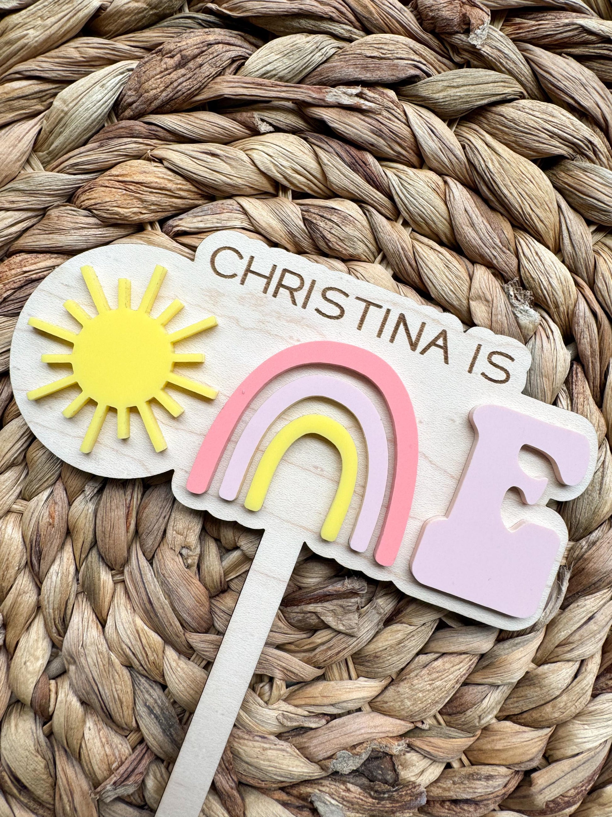 Rainbow First Birthday Cake Topper – Personalized Wood & Acrylic