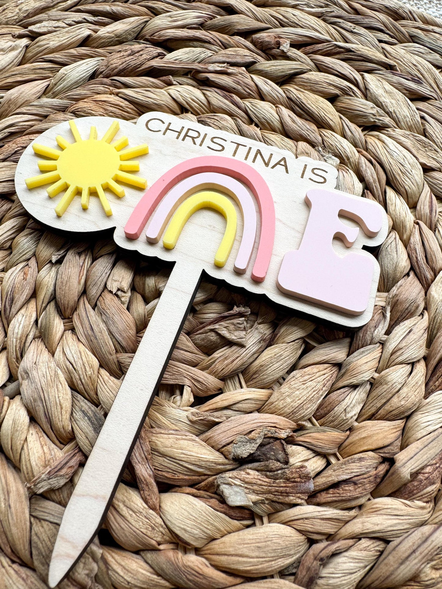 Rainbow First Birthday Cake Topper – Personalized Wood & Acrylic