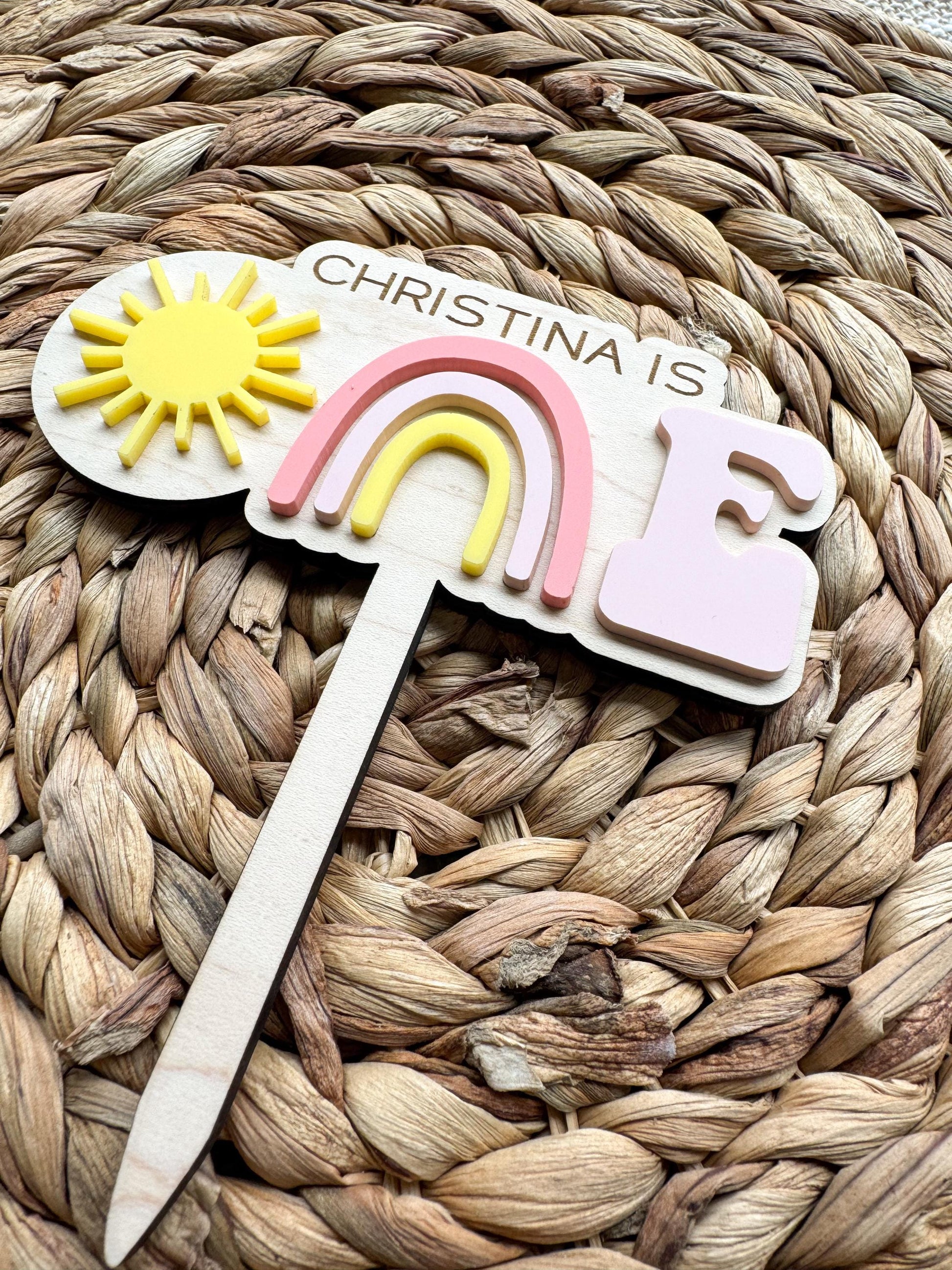 Rainbow First Birthday Cake Topper – Personalized Wood & Acrylic