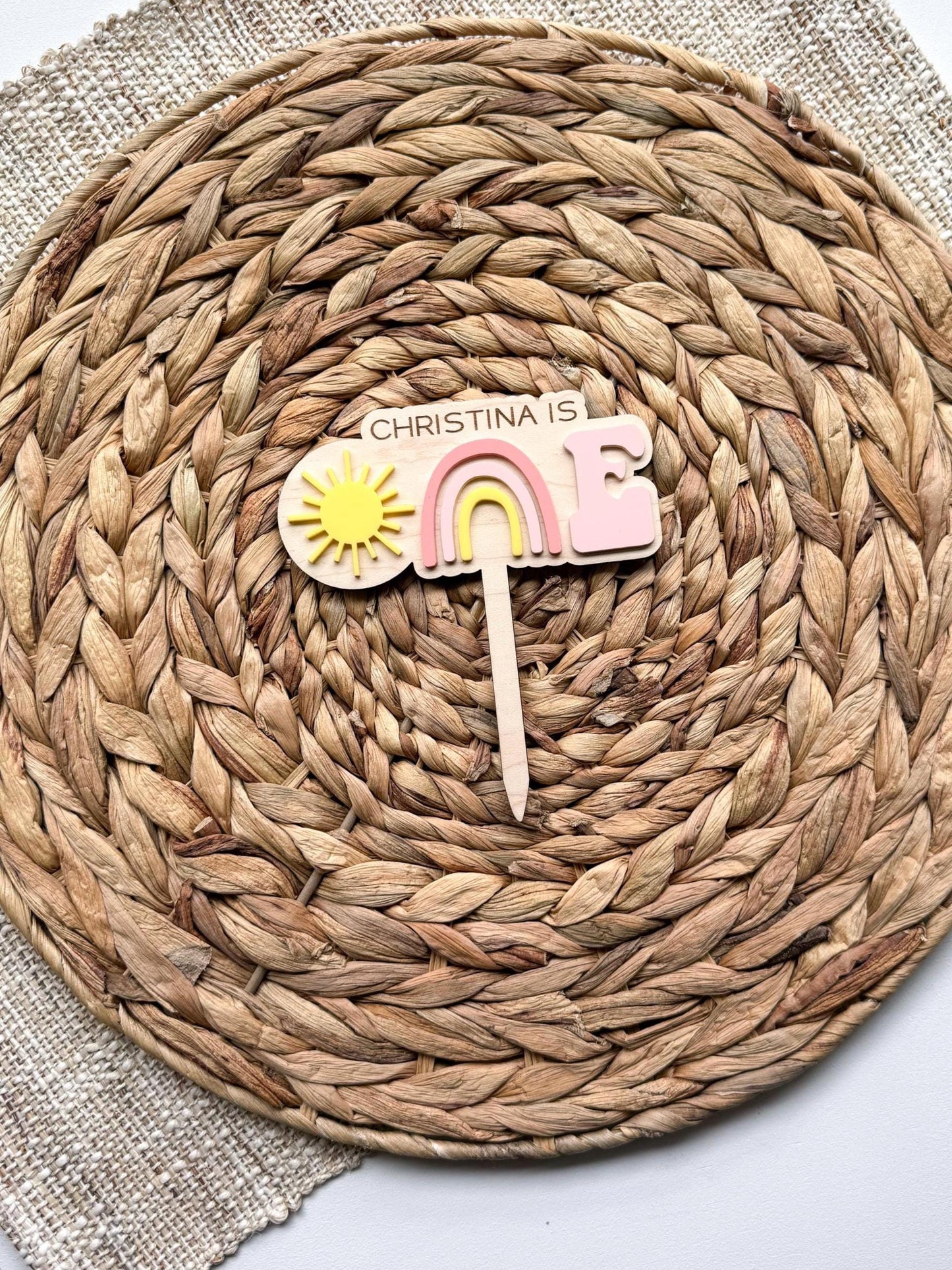 Rainbow First Birthday Cake Topper – Personalized Wood & Acrylic