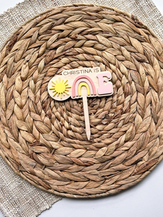 Rainbow First Birthday Cake Topper – Personalized Wood & Acrylic