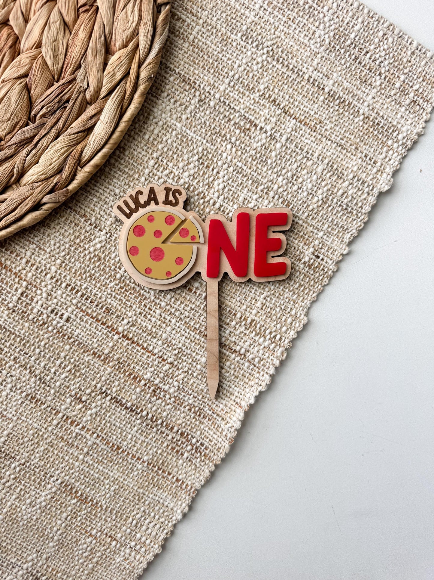 Pizza first birthday cake topper in wood and acrylic, One Whole Year party decor