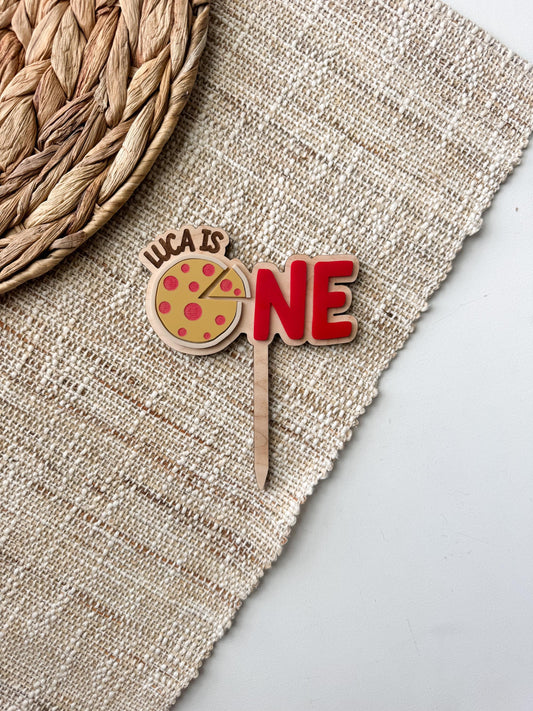 Pizza first birthday cake topper in wood and acrylic, One Whole Year party decor