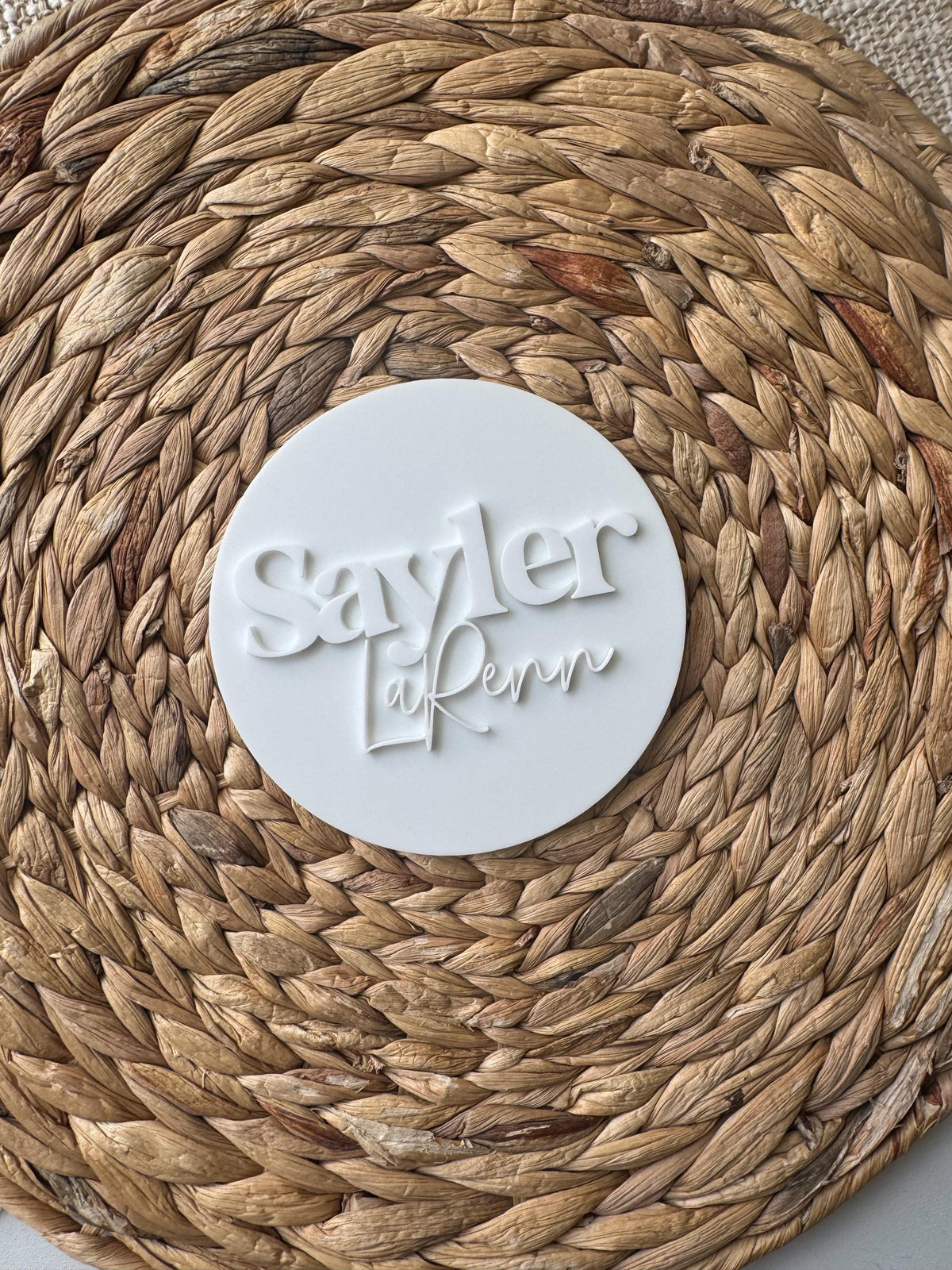 Modern acrylic name round as nursery shelf or wall decor