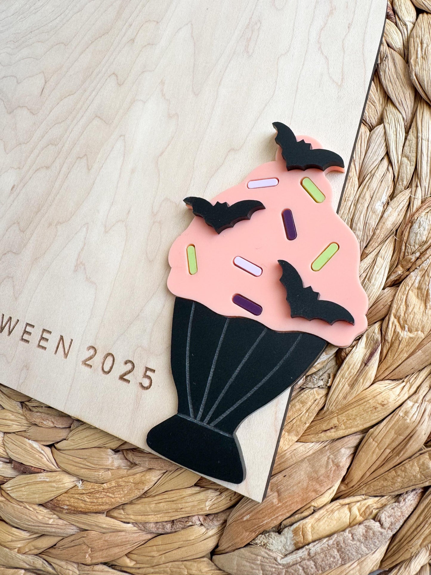 Personalized Halloween keepsake wood sign showing handprint design and custom name area
