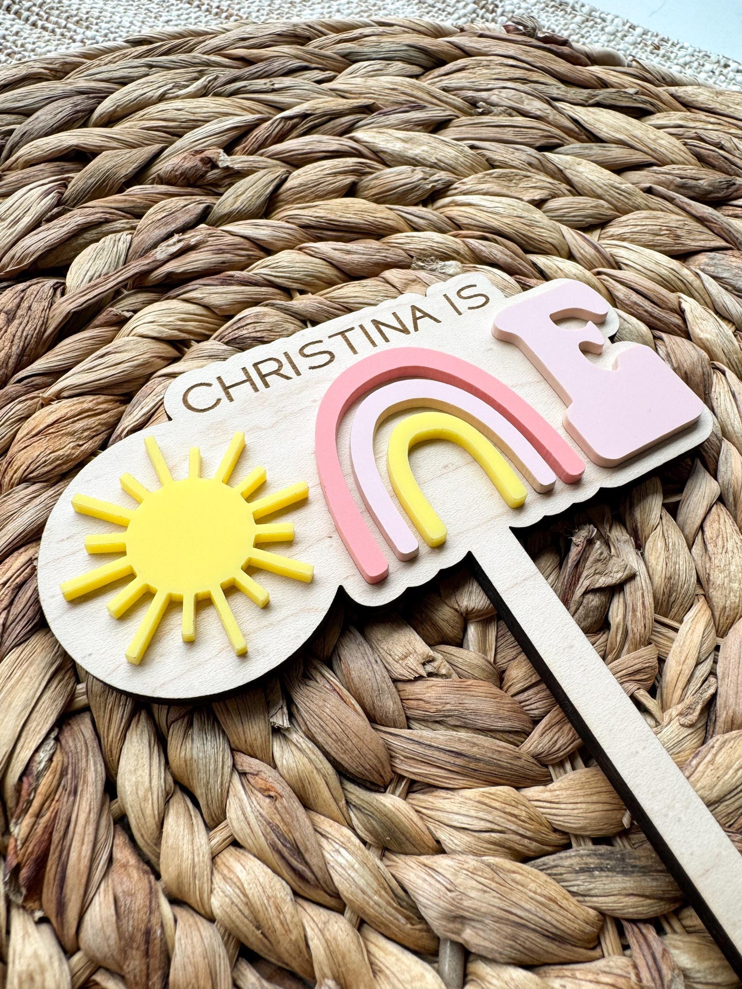 Rainbow First Birthday Cake Topper – Personalized Wood & Acrylic