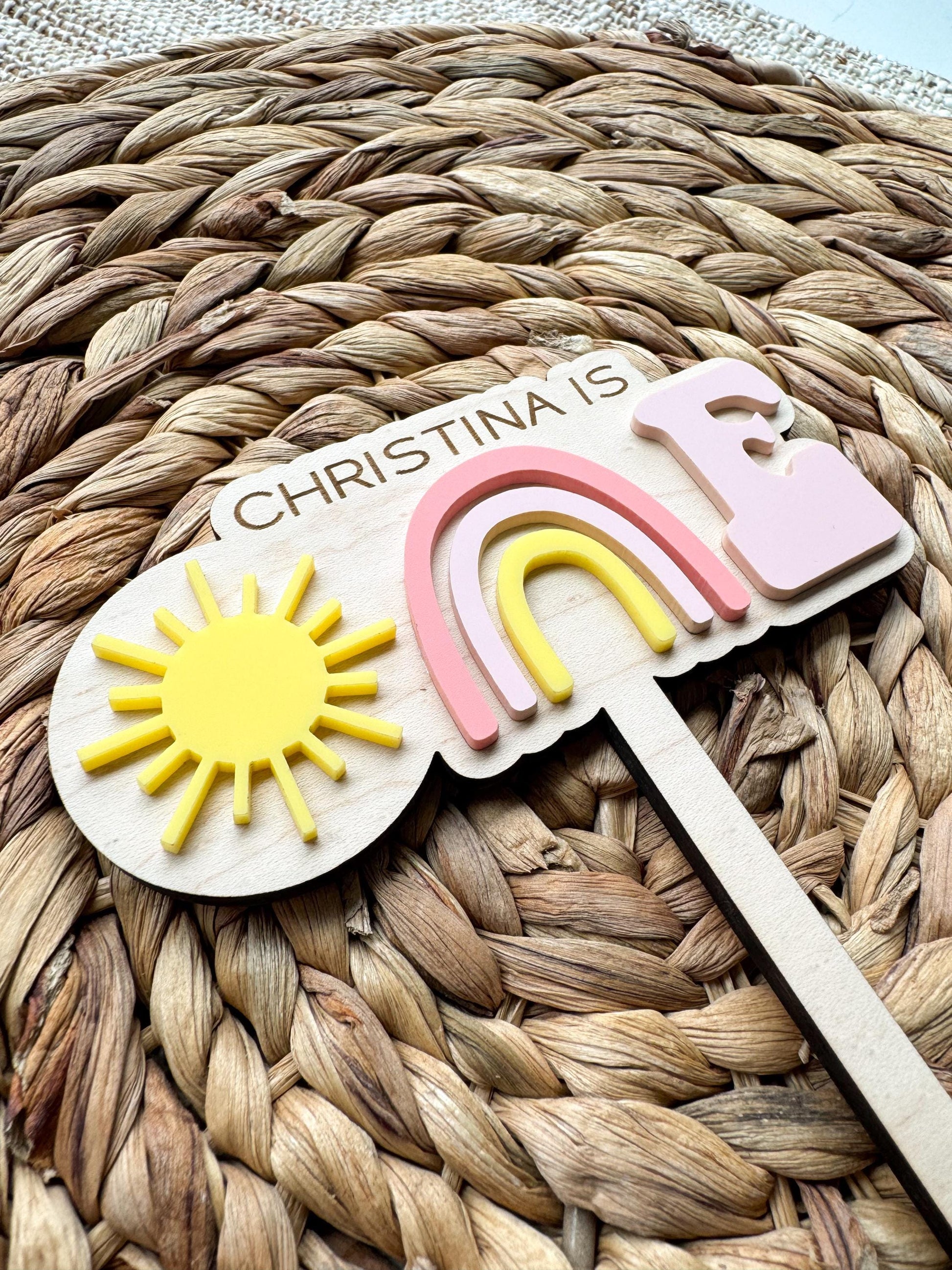 Rainbow First Birthday Cake Topper – Personalized Wood & Acrylic
