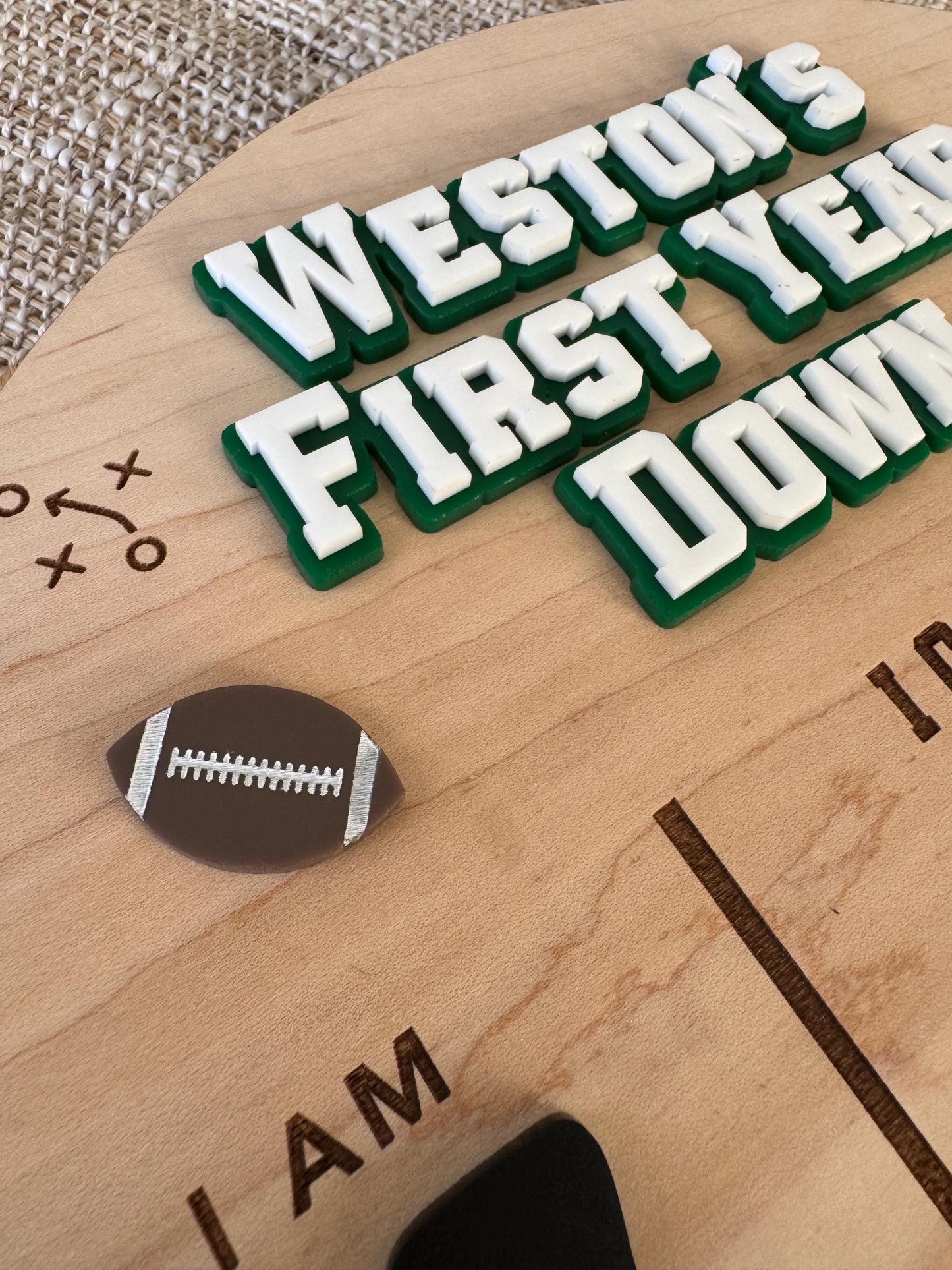 Football 1st Birthday Milestone Board – Personalized Wooden Baby Stats Sign, First Down Party Theme