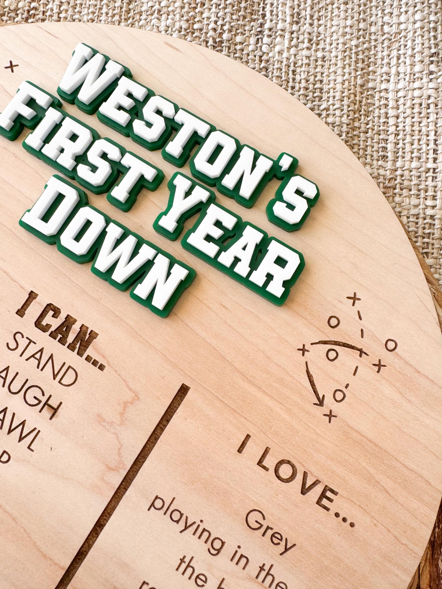 Football 1st Birthday Milestone Board – Personalized Wooden Baby Stats Sign, First Down Party Theme