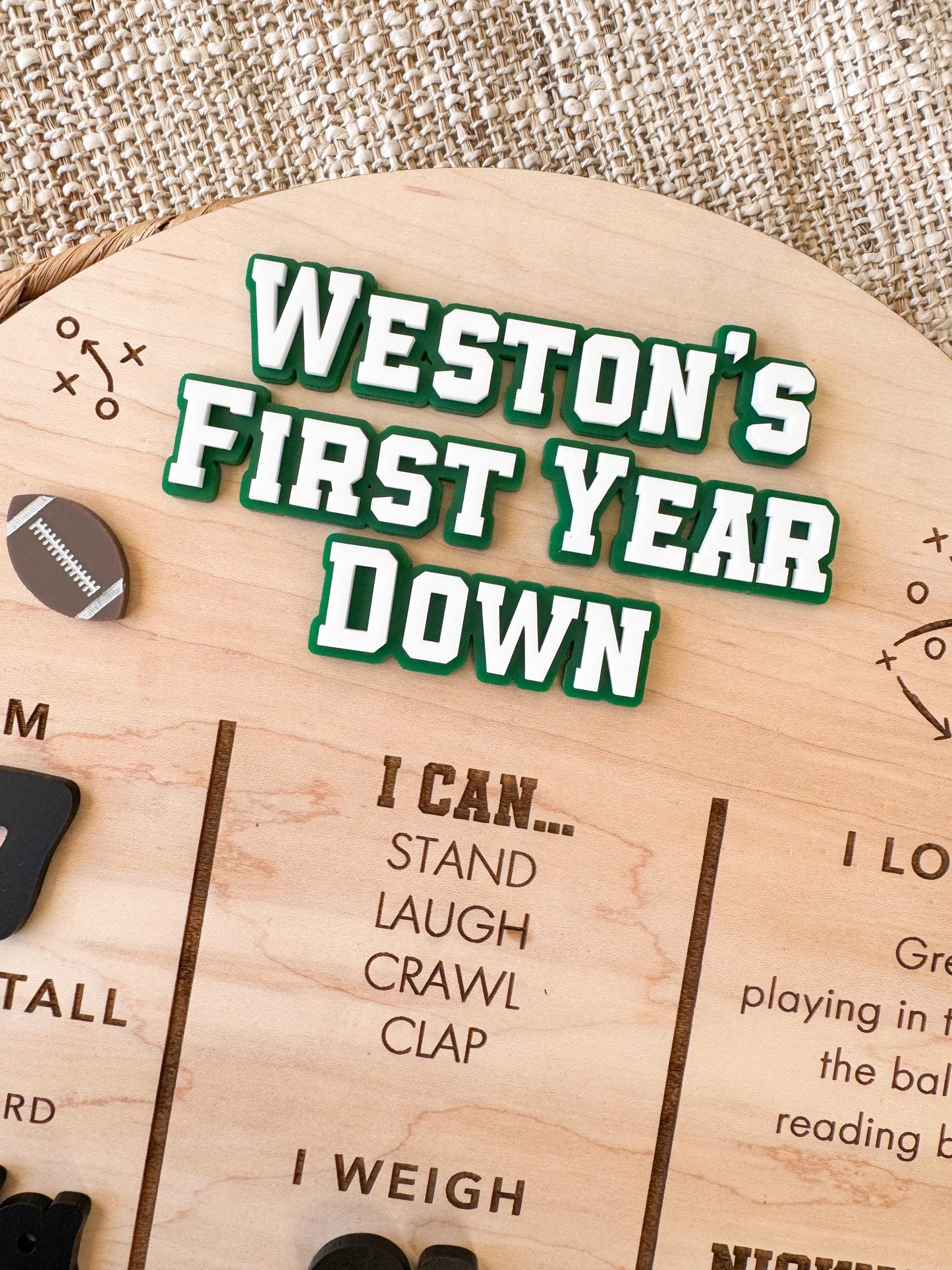 Football 1st Birthday Milestone Board – Personalized Wooden Baby Stats Sign, First Down Party Theme