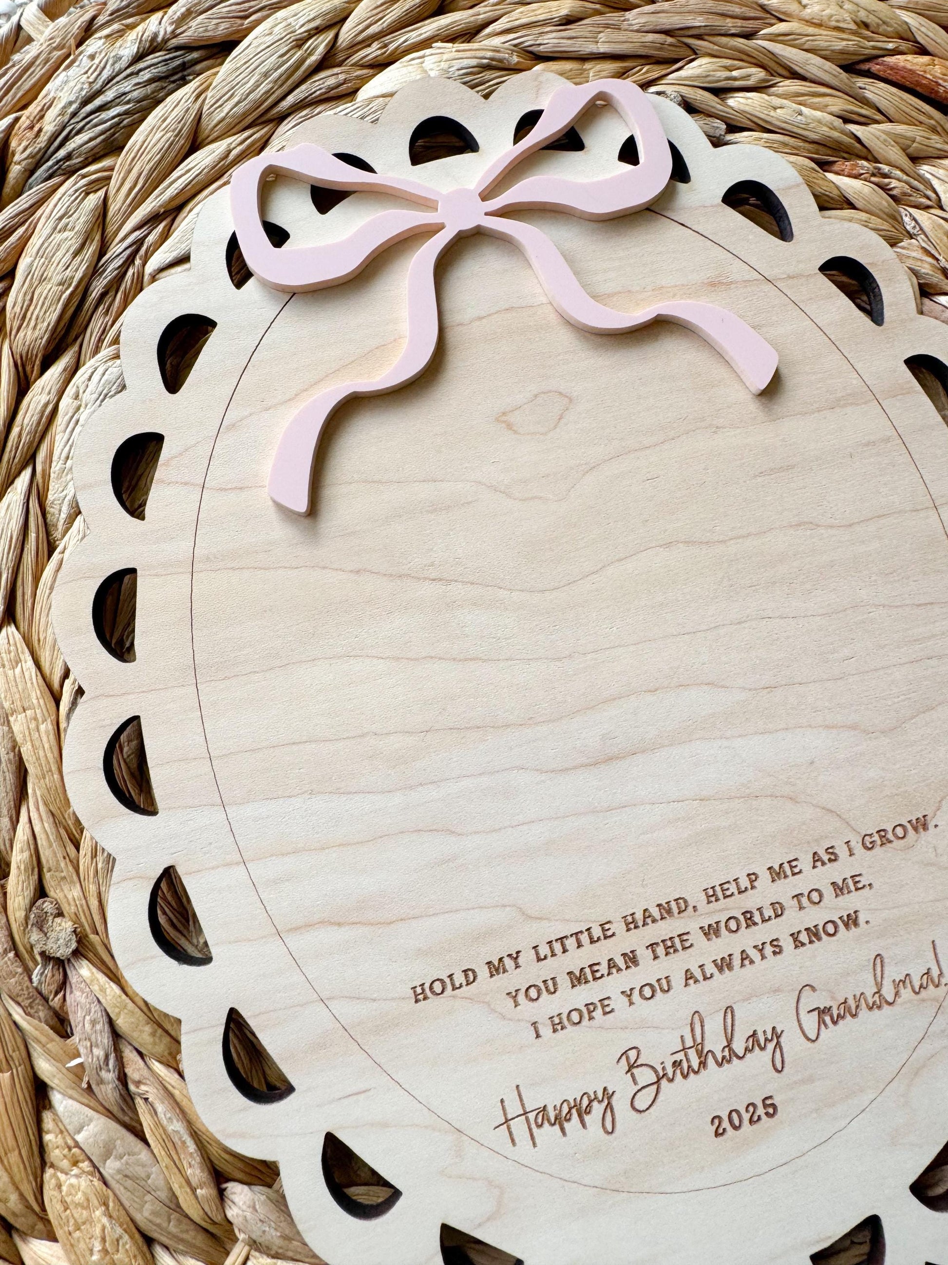 Grandma handprint plaque showing child's handprints and personalized name on maple wood