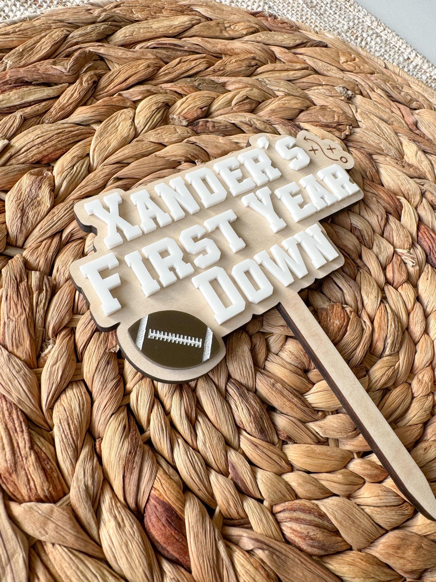 Custom First Year Down Cake Topper – Personalized Football Birthday Topper, Sports Theme Party Decor