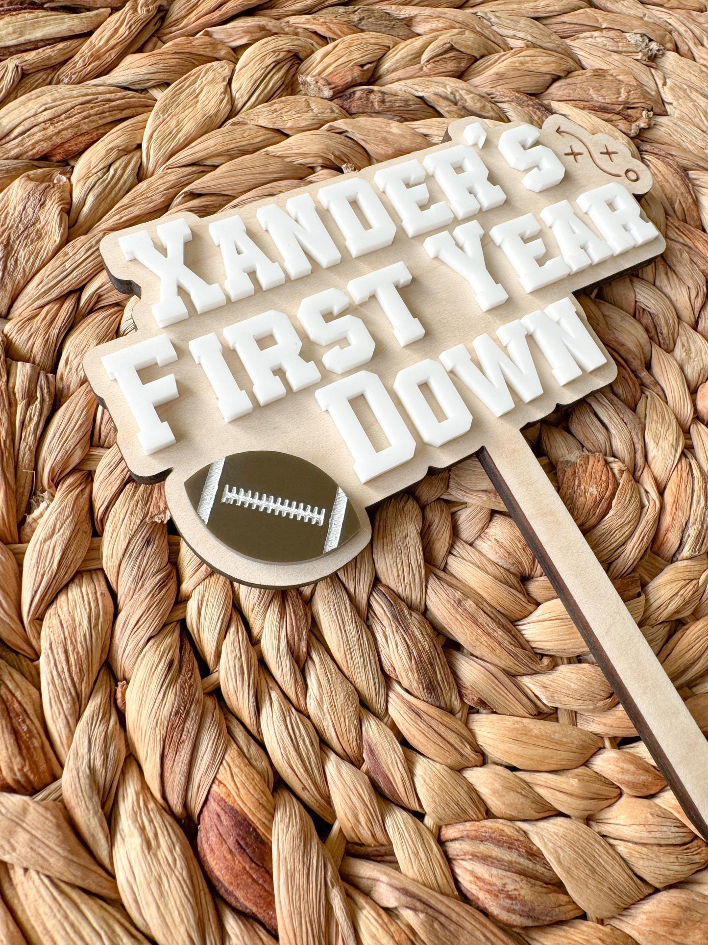 Custom First Year Down Cake Topper – Personalized Football Birthday Topper, Sports Theme Party Decor