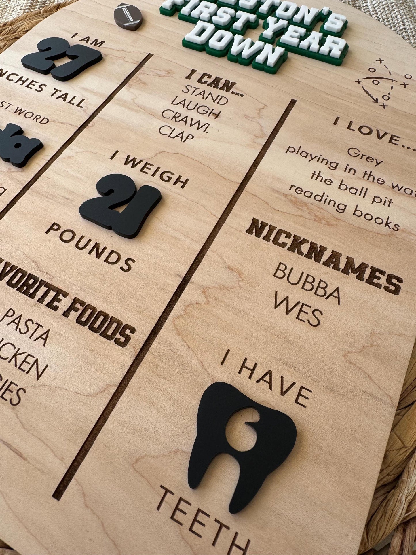 Football 1st Birthday Milestone Board – Personalized Wooden Baby Stats Sign, First Down Party Theme