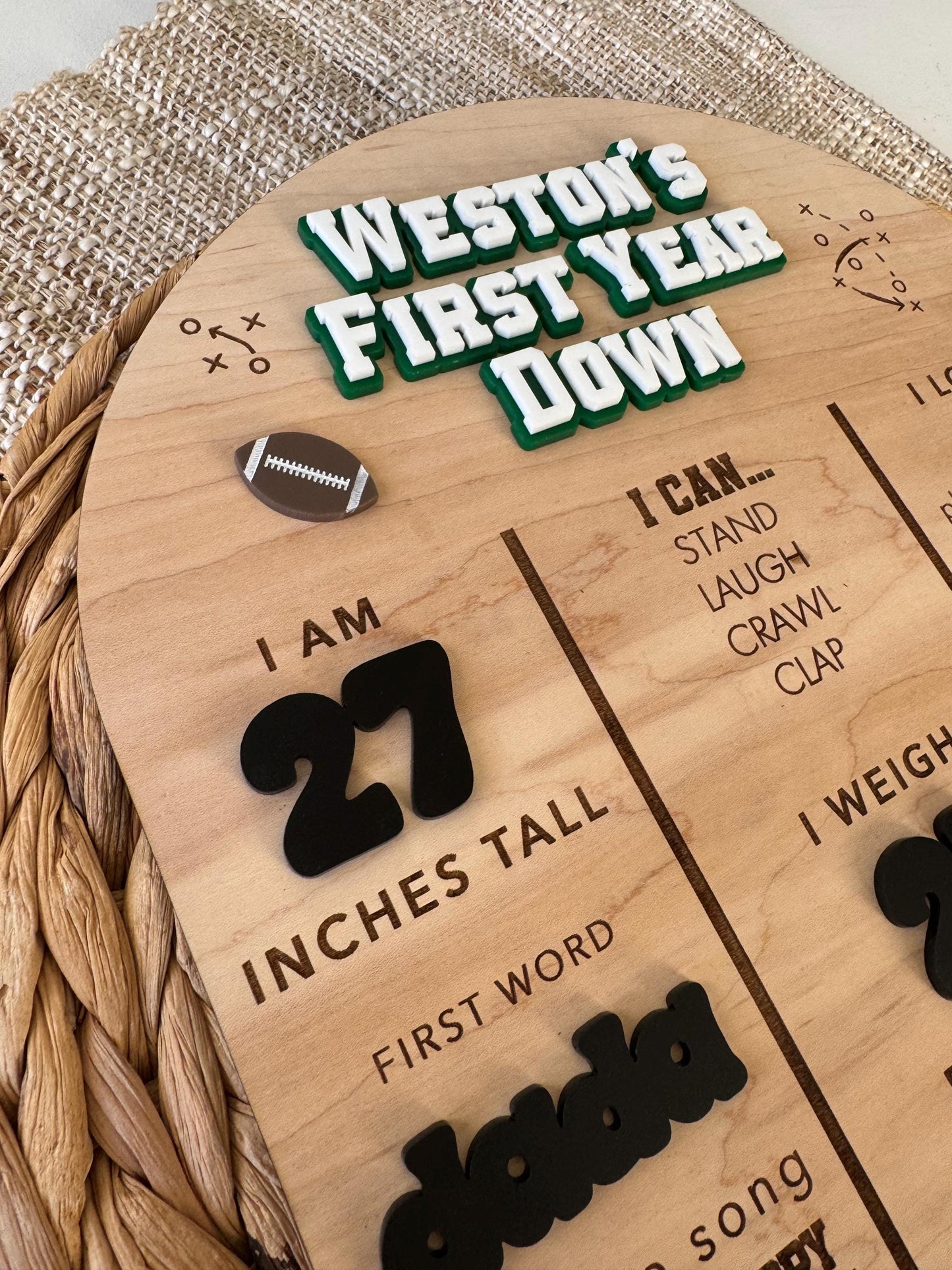 Football 1st Birthday Milestone Board – Personalized Wooden Baby Stats Sign, First Down Party Theme