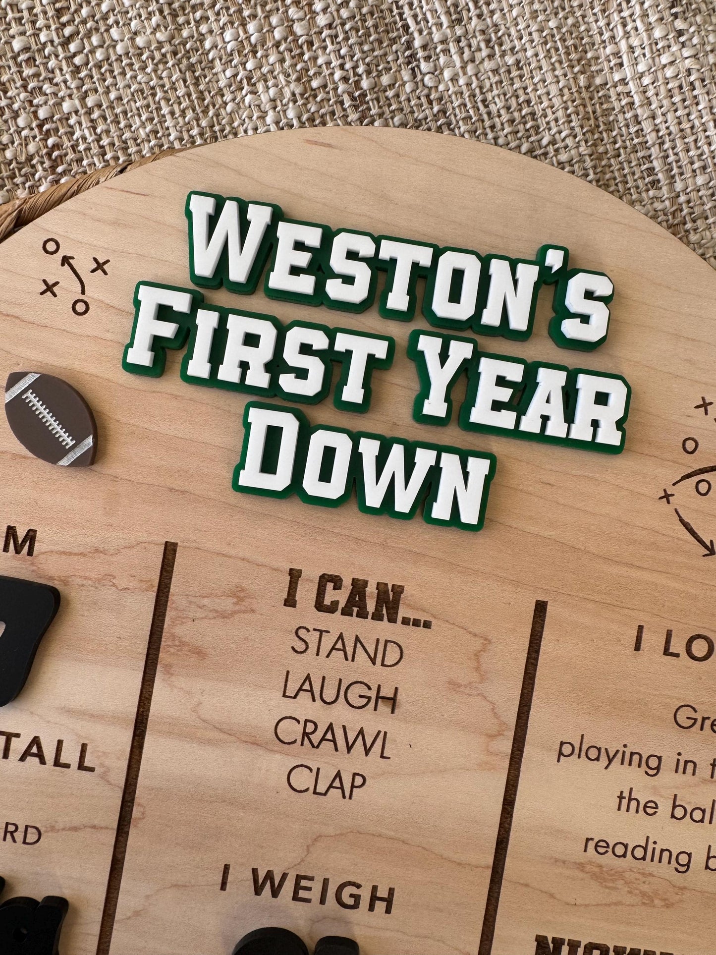 Football 1st Birthday Milestone Board – Personalized Wooden Baby Stats Sign, First Down Party Theme