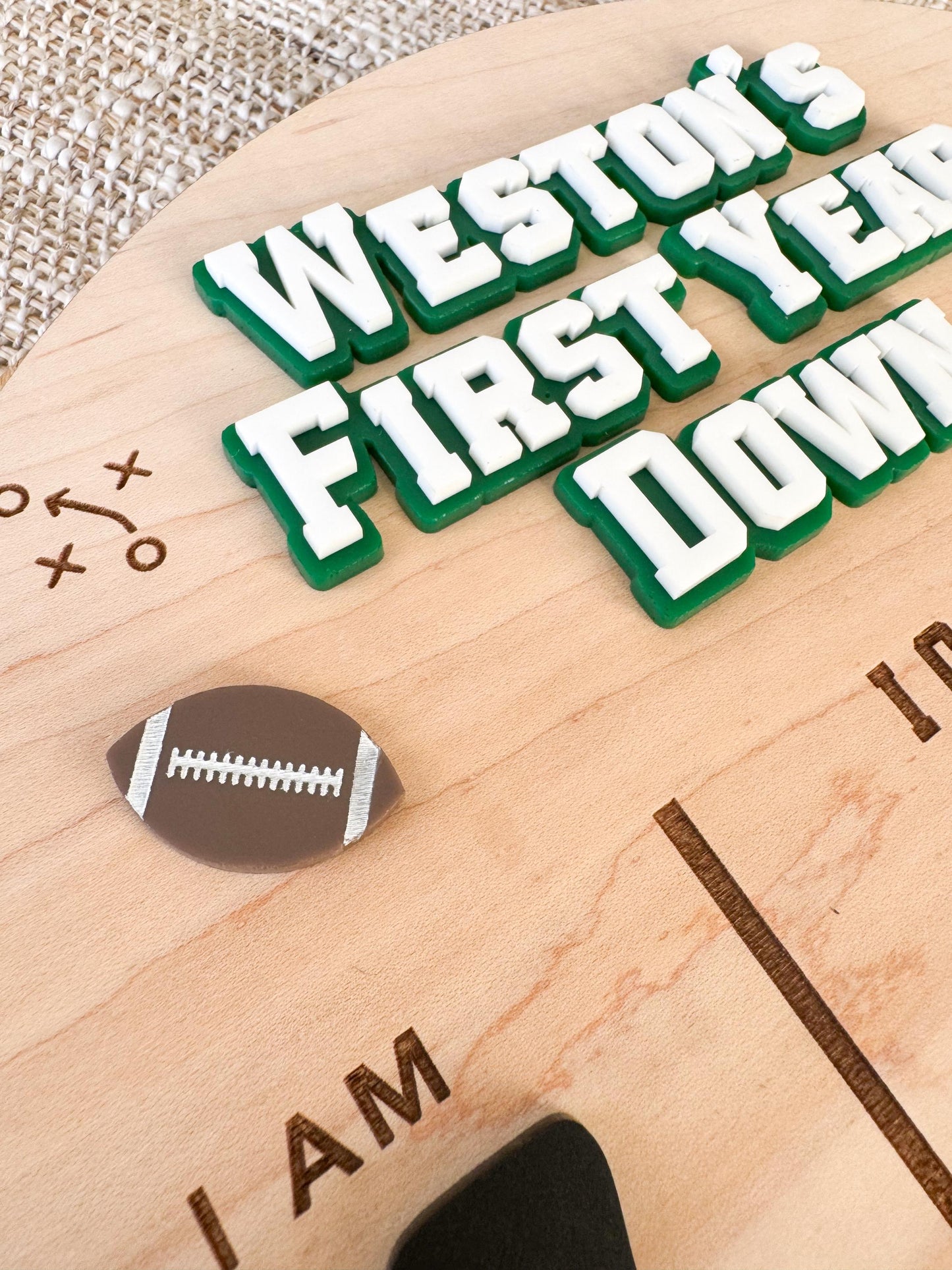 Football 1st Birthday Milestone Board – Personalized Wooden Baby Stats Sign, First Down Party Theme