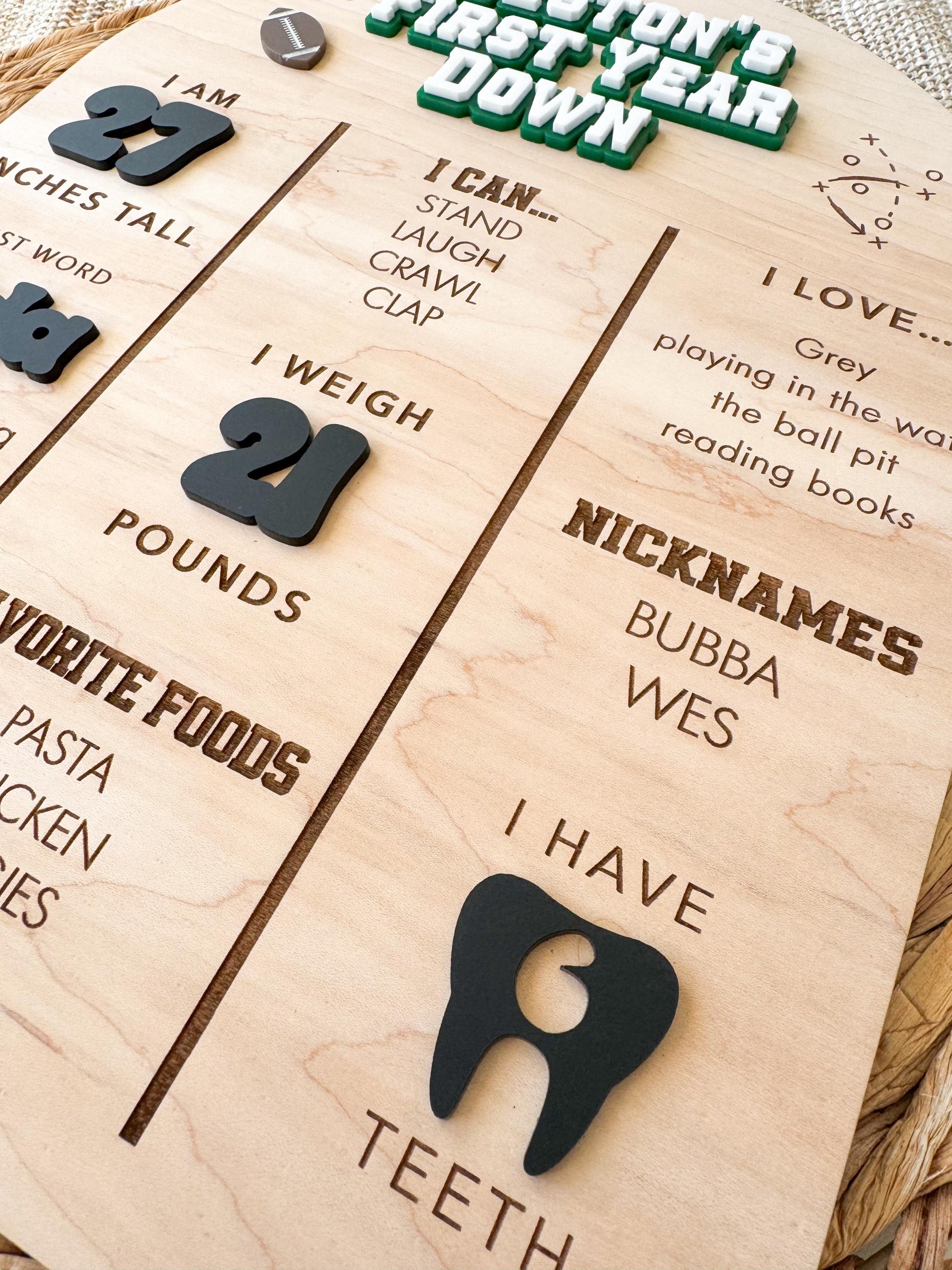 Football 1st Birthday Milestone Board – Personalized Wooden Baby Stats Sign, First Down Party Theme