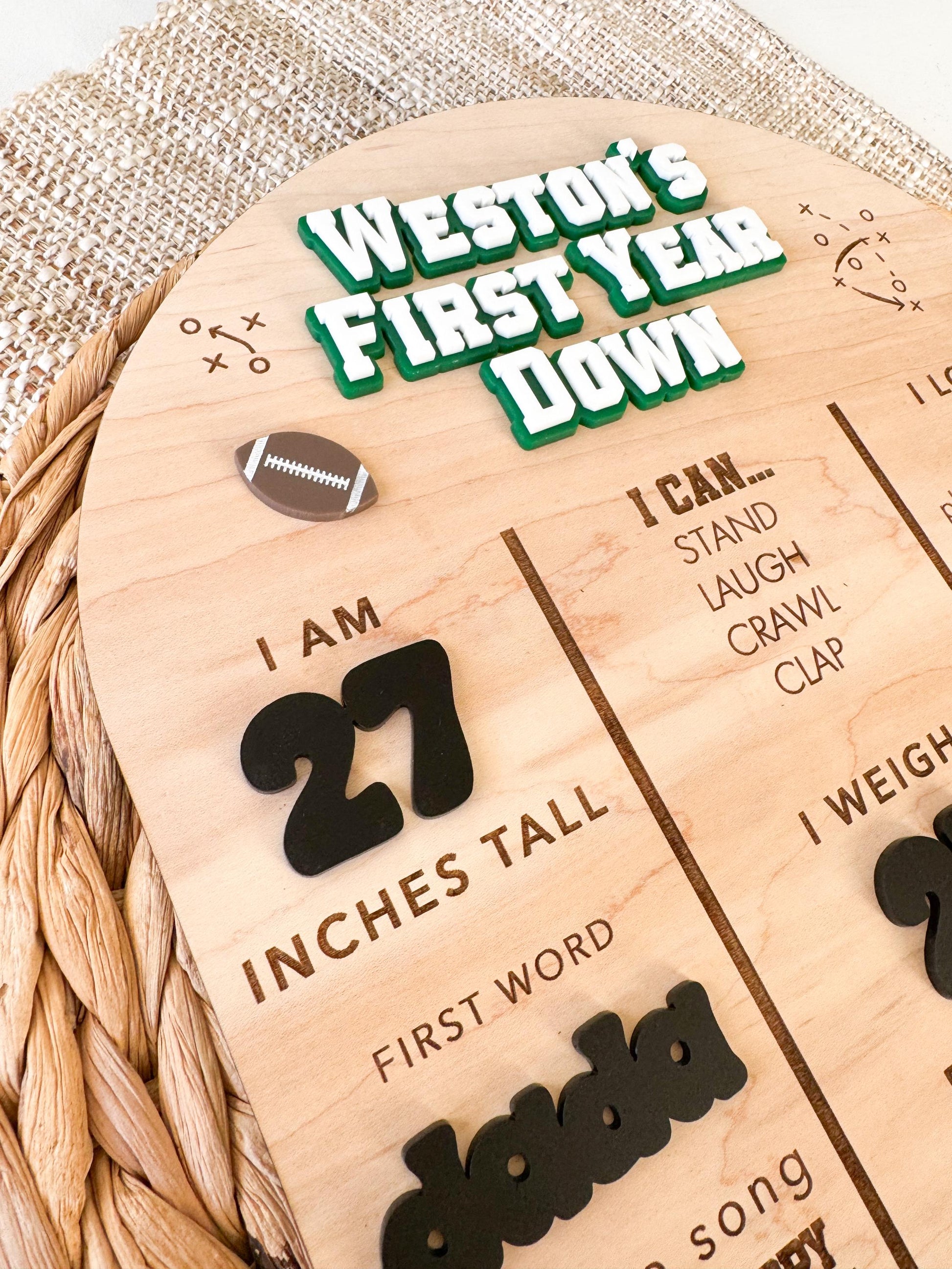 Personalized First Year Down Football Milestone Board for Girls and Boys