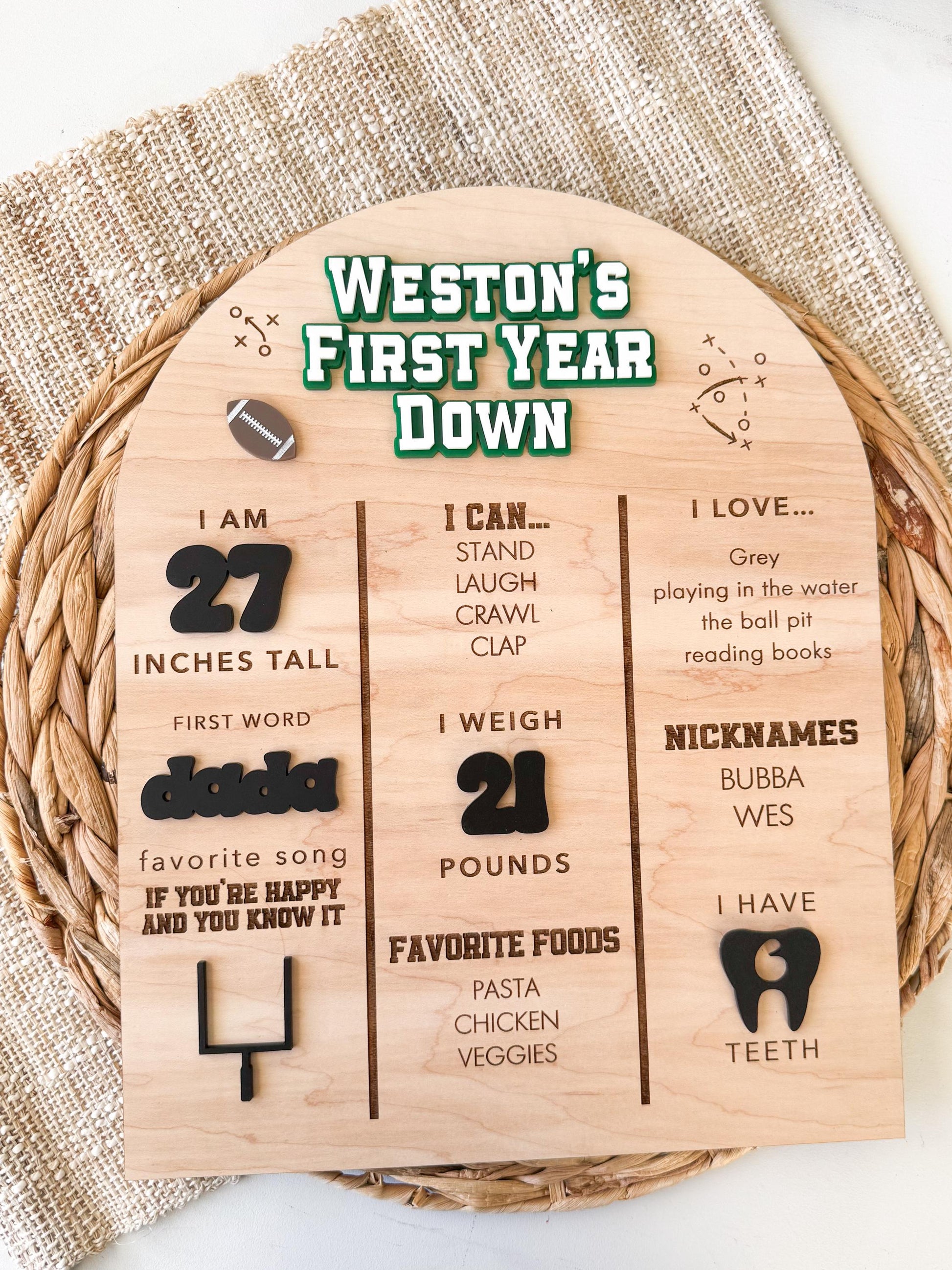 Football 1st Birthday Milestone Board – Personalized Wooden Baby Stats Sign, First Down Party Theme