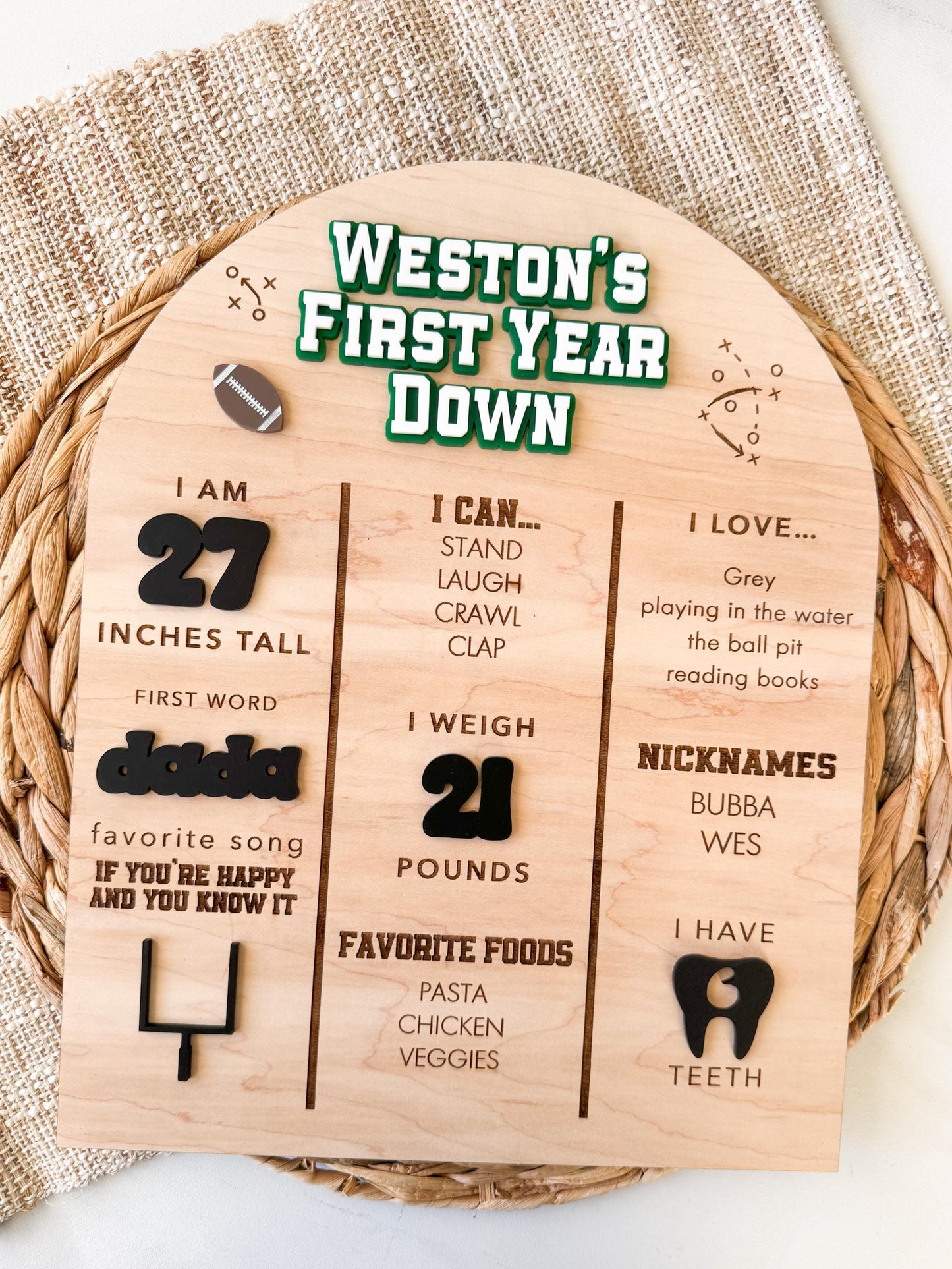 Football 1st Birthday Milestone Board – Personalized Wooden Baby Stats Sign, First Down Party Theme