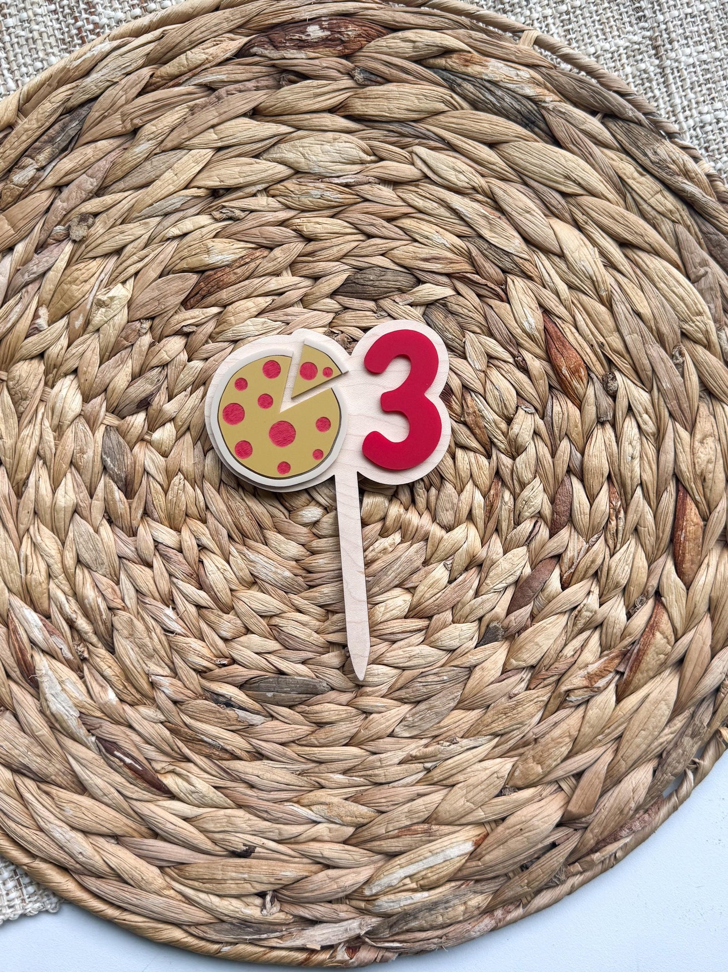 Wanna Pizza Me 3rd birthday pizza cake topper in acrylic, custom name