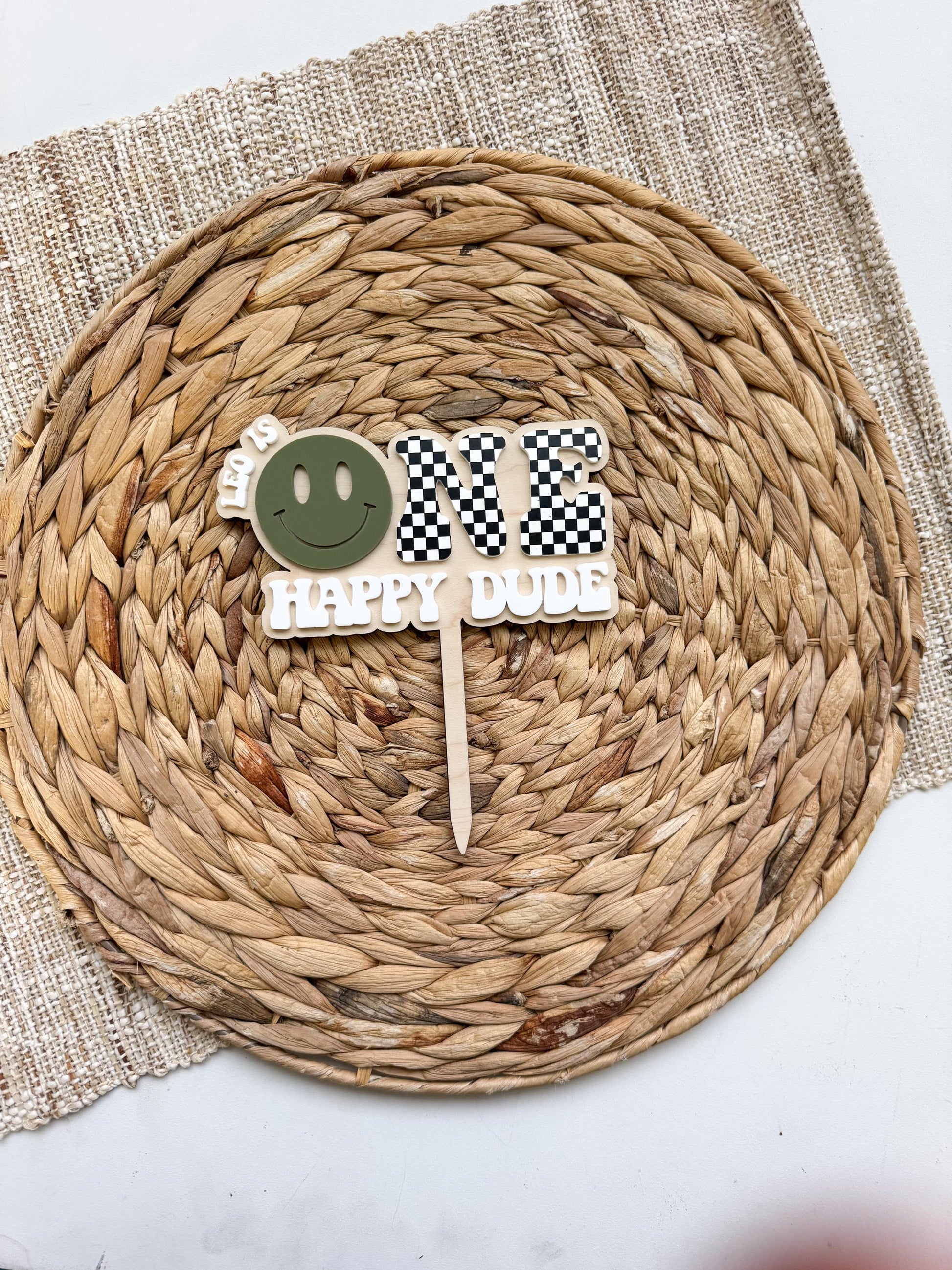 Merry Dude First Birthday Cake Topper • Retro Checkered ONE, Custom Name