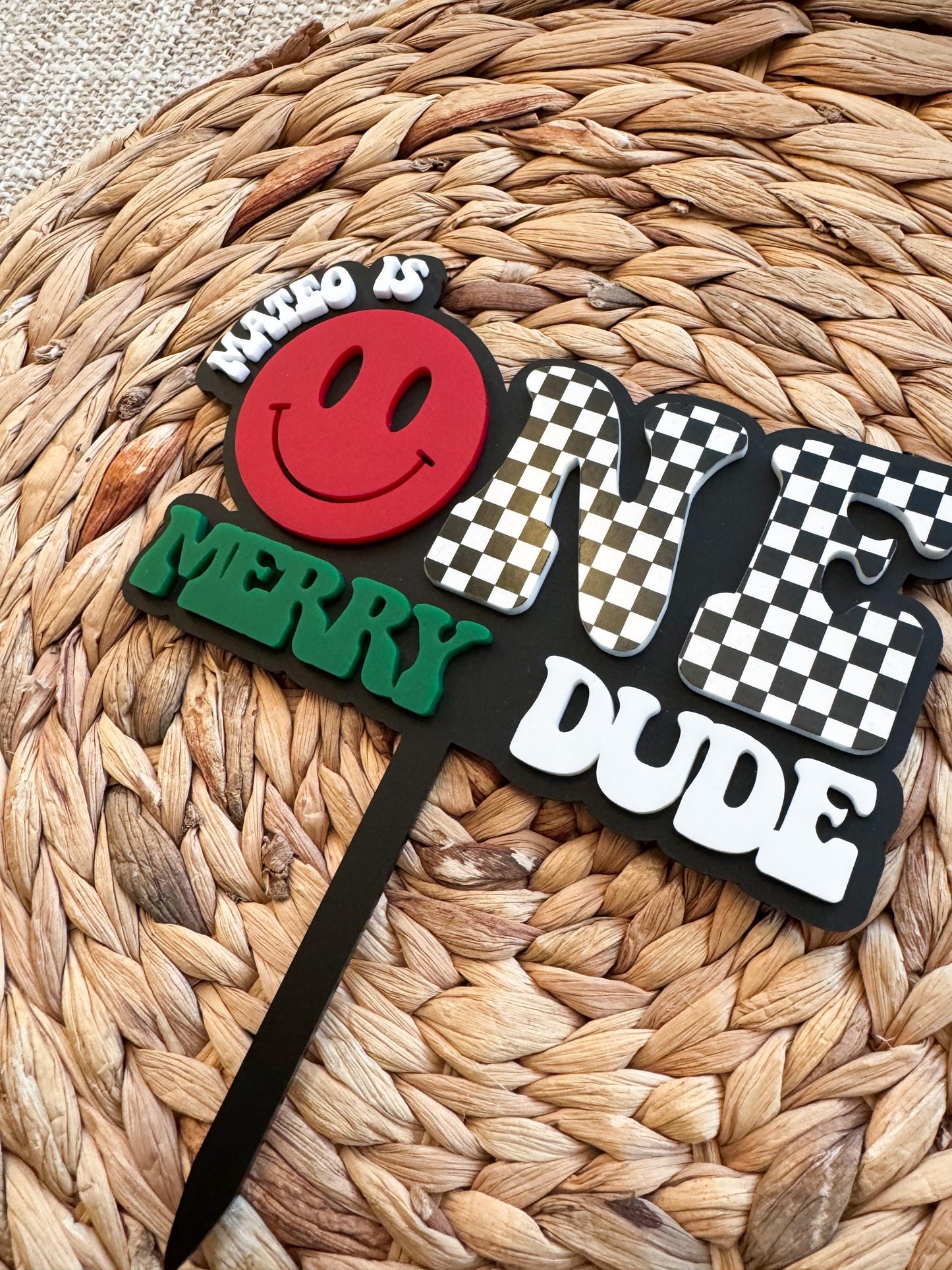 Merry Dude First Birthday Cake Topper • Retro Checkered ONE, Custom Name