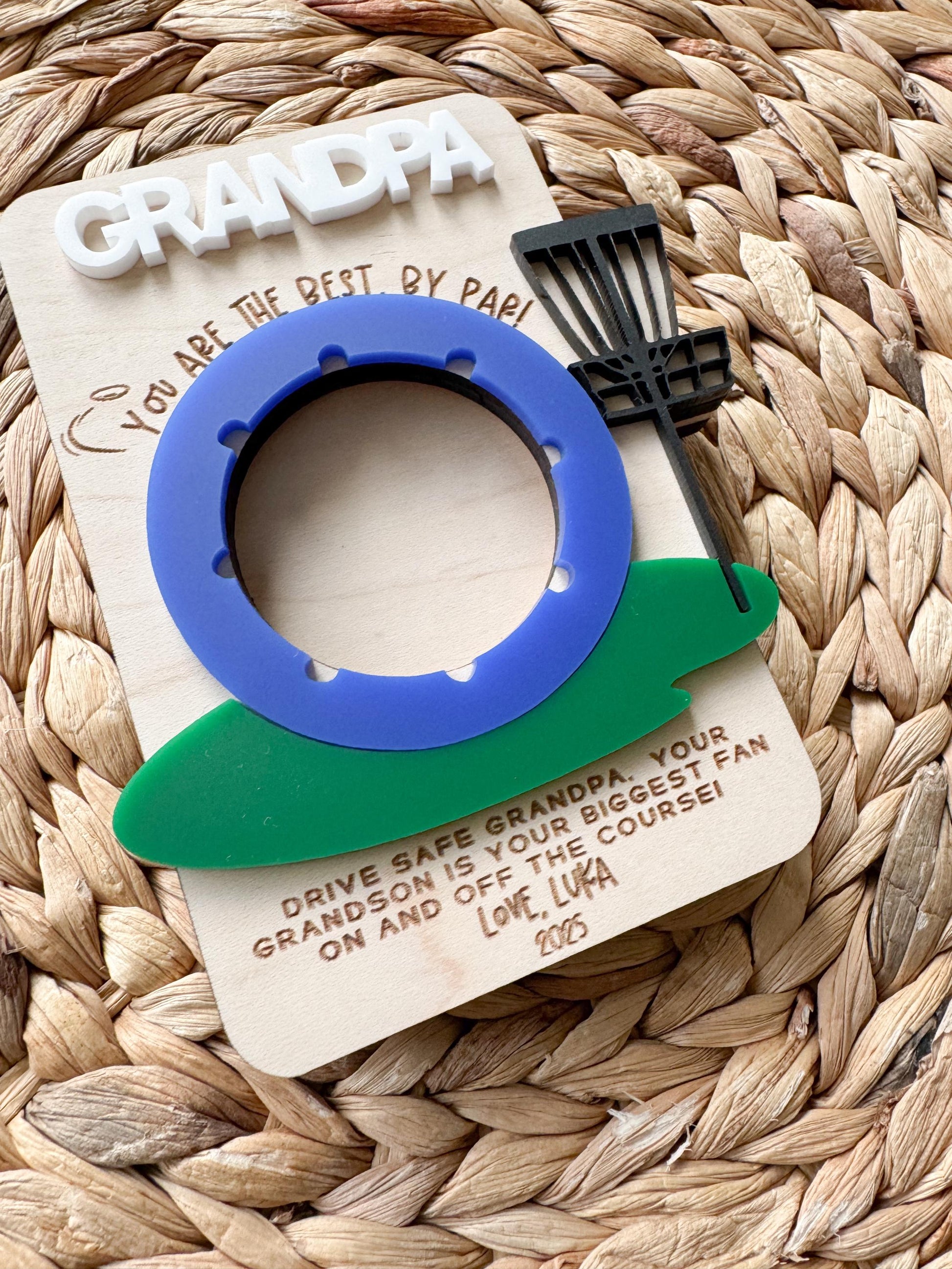 Disc golf-themed maple wood photo frame with custom name and personalized message